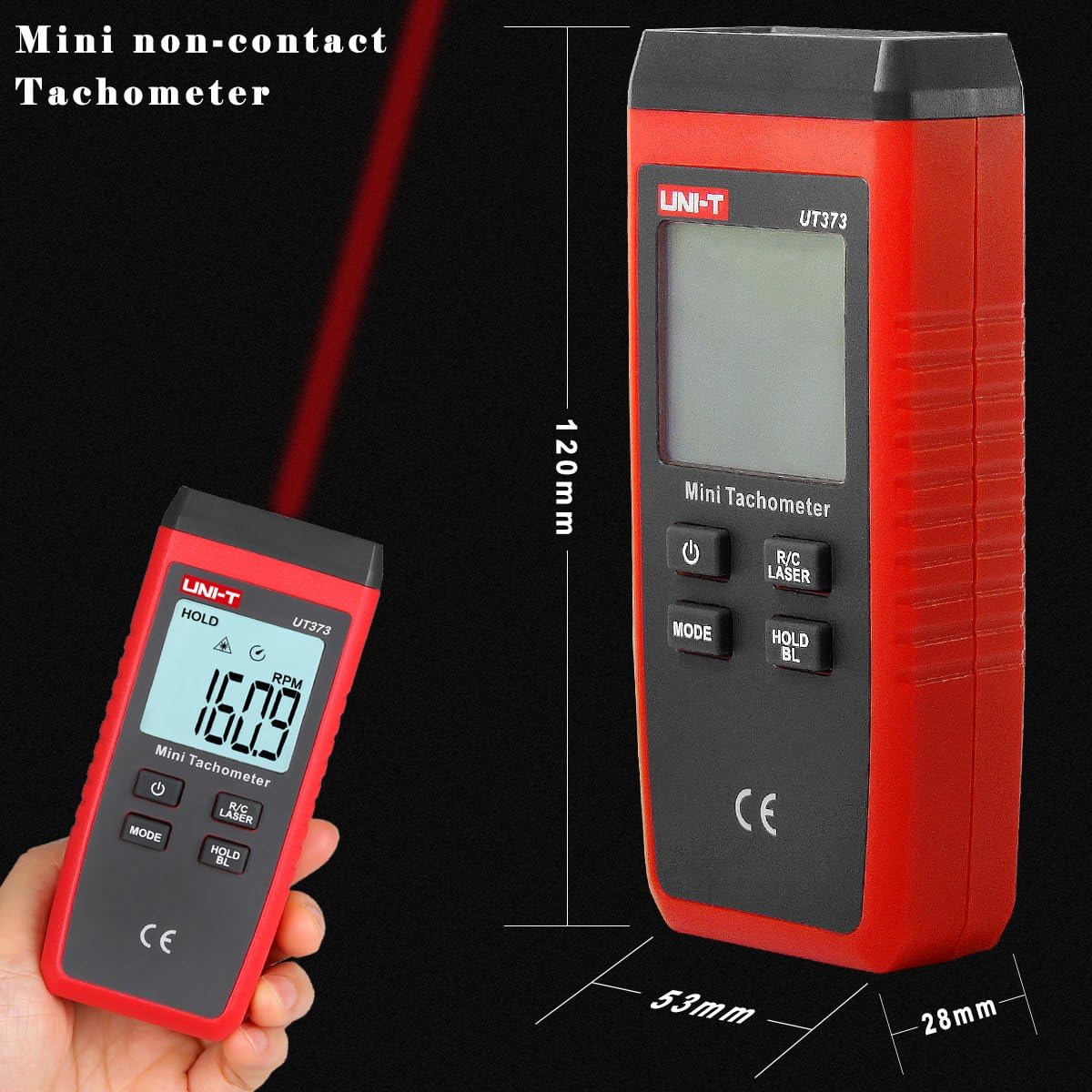 Tacómetro sin Contacto, UT373 Tacómetro Láser Digital LCD, Velocímetro RPM con Retroiluminación
