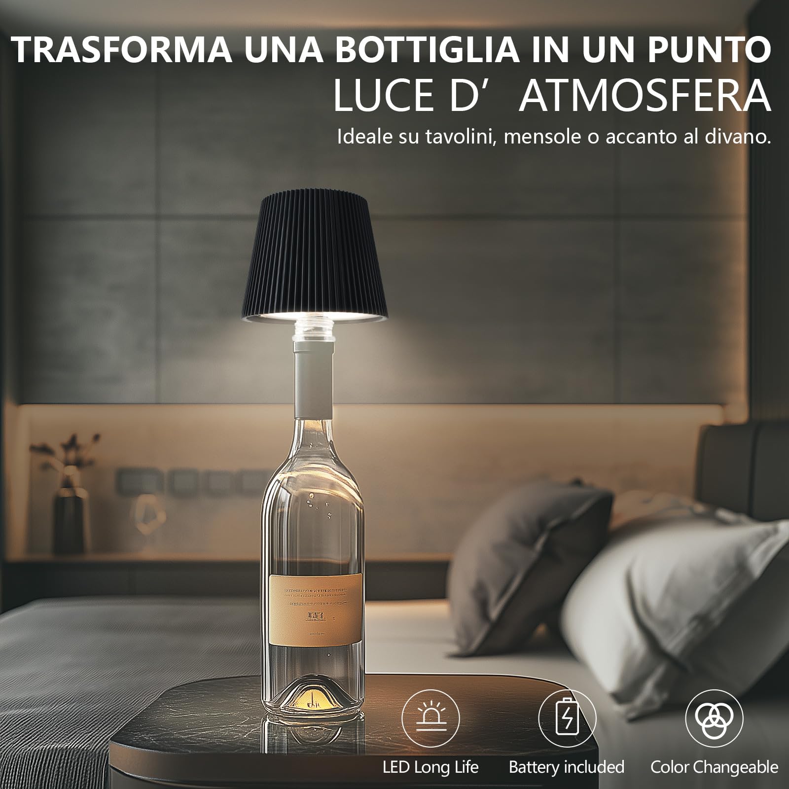 Beaeet Lampada da Tavolo a Bottiglia Senza Fili Ricaricabile via USB, con 3 Colori e Luminosità Regolabile, Ideale per Camera da Letto, Terrazza o come Regalo per le Festività, Bottle Lamp nero