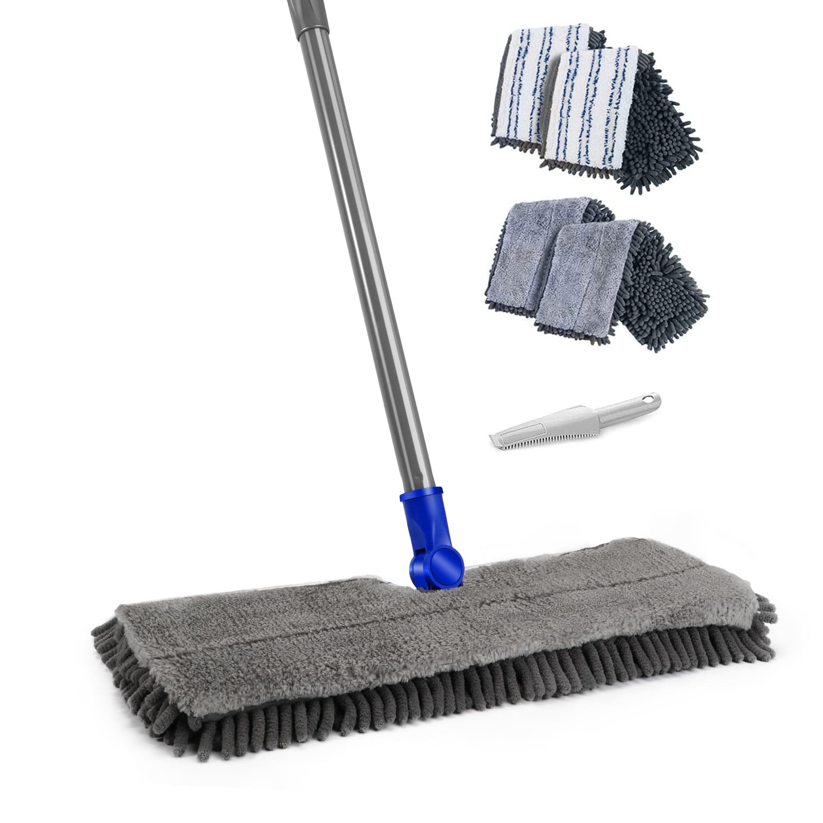 MASTERTOP Floor Mops for Cleaning, Microfibre Mop with 4pcs Reusable Mop Pads, Flat Wet Dry Mop for Cleaning Laminate Tile Hard and LVT Floors, Send 1 Cleaning Scraper