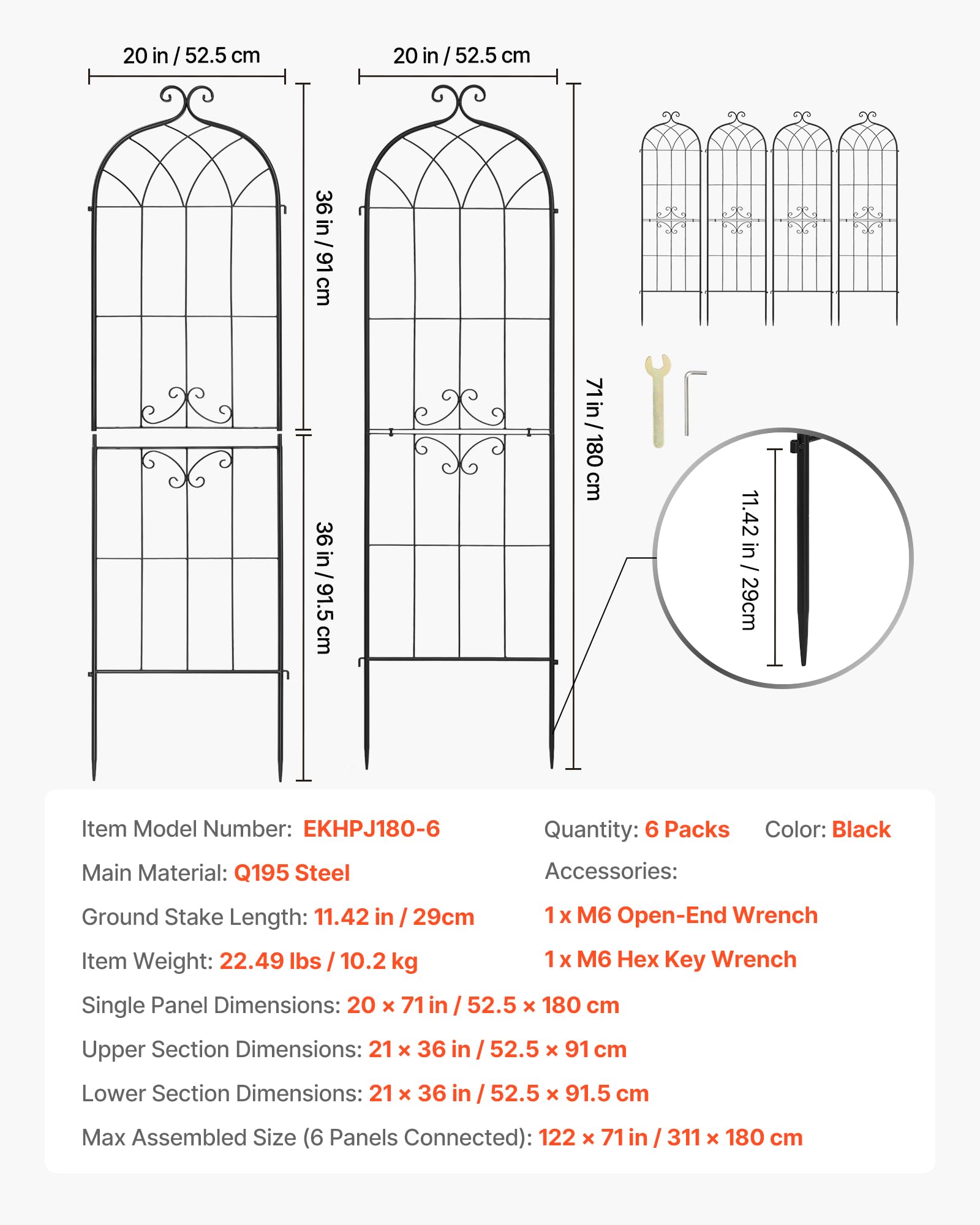 VEVOR Set 6 pz Traliccio da Giardinaggio 180x52,5 cm, Pannello da Giardino in Metallo con Finitura Verniciata a Polvere, Collegabili, Grigliato da Supporto Divisorio Decorativo per Rose Rampicanti
