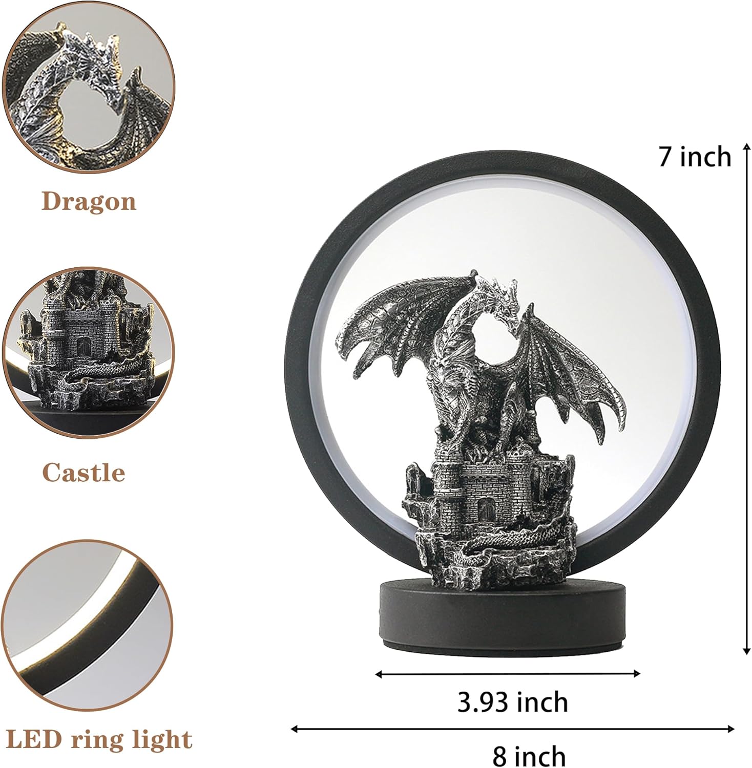 Dragon Castle Figurine Lamp - 6.15 inch LED Circle Table Lamp Light for Dragons Lover Man Women Christmas Gifts,Bedroom Bookshelf Desk Decorations
