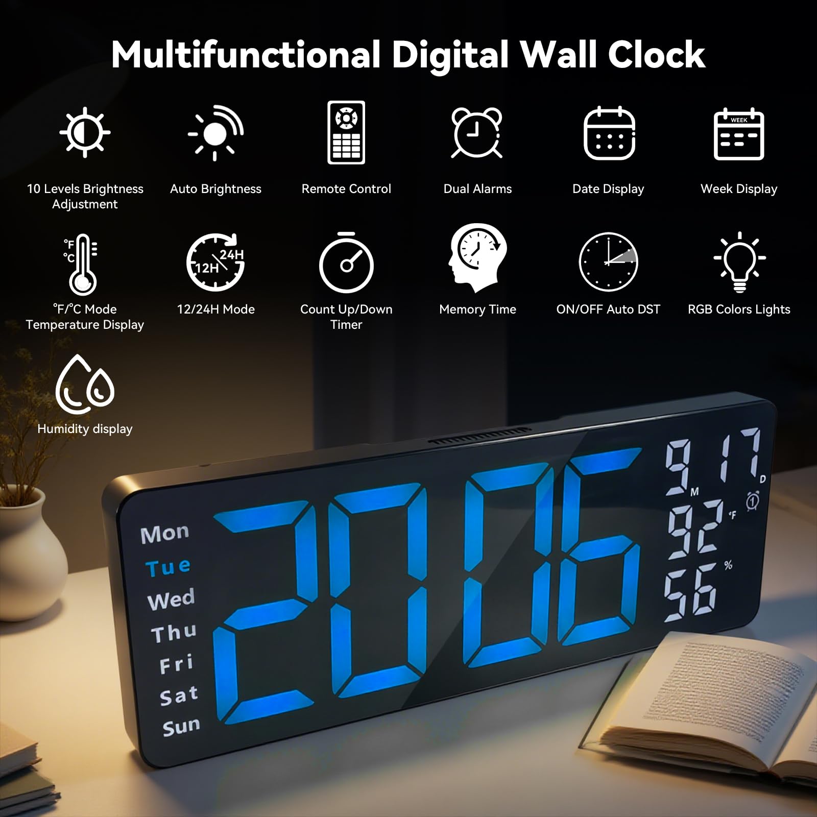 Digitale Wanduhr, großes Display, 43,9 cm (17,3 Zoll) Digitaluhr mit RGB-Farb-Fernbedienung, automatische Dimmung, große Wanduhr mit Nachtlicht, automatische DST, Datum, Woche, Temperatur für