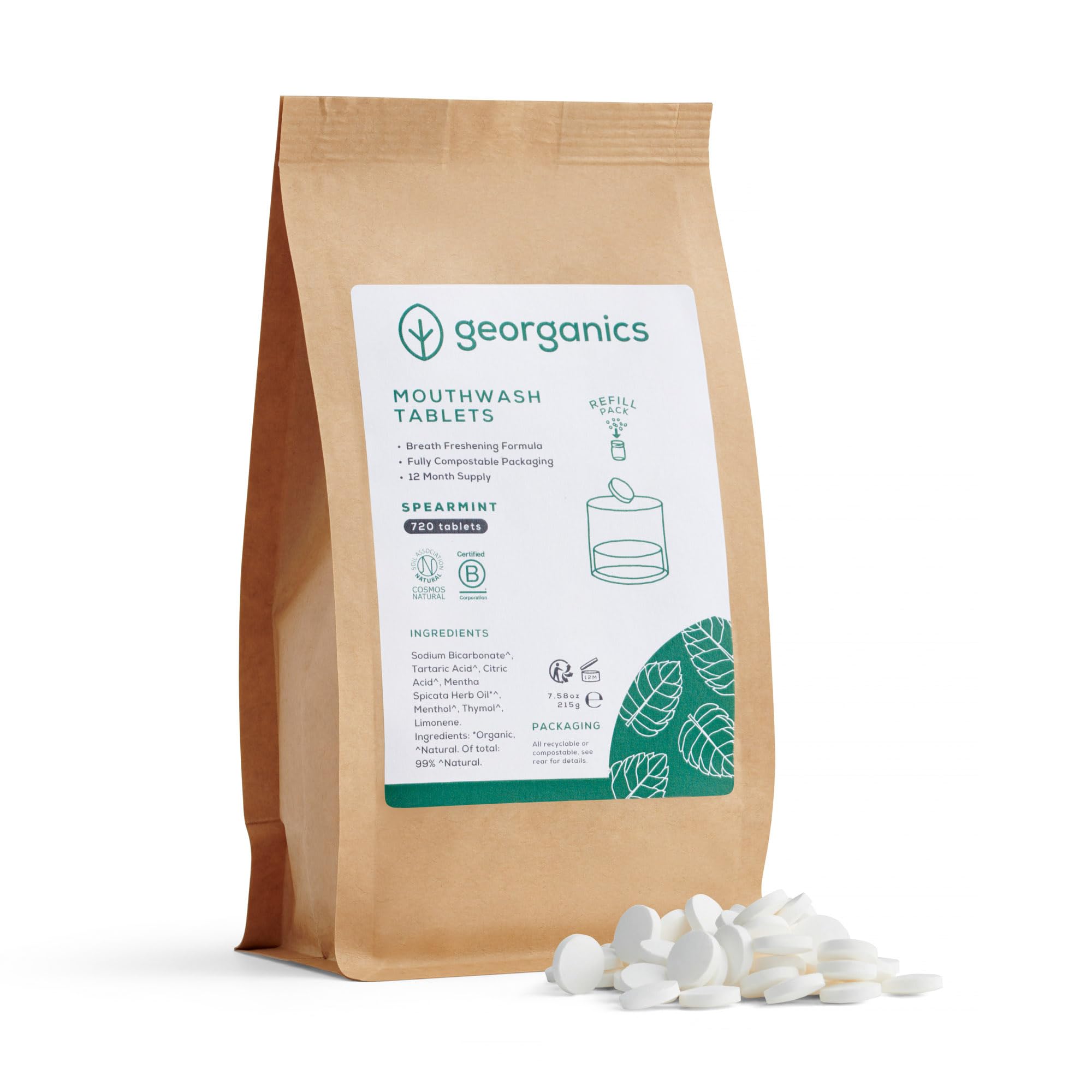 Georganics - Pastillas Orgánicas de Enjuague Bucal - Tabletas Refrescantes para el Aliento con Bicarbonato de Sodio y Mentol - Vegano y Cruelty Free, sin Flúor et SLS - Menta Verde - 180 Tabletas