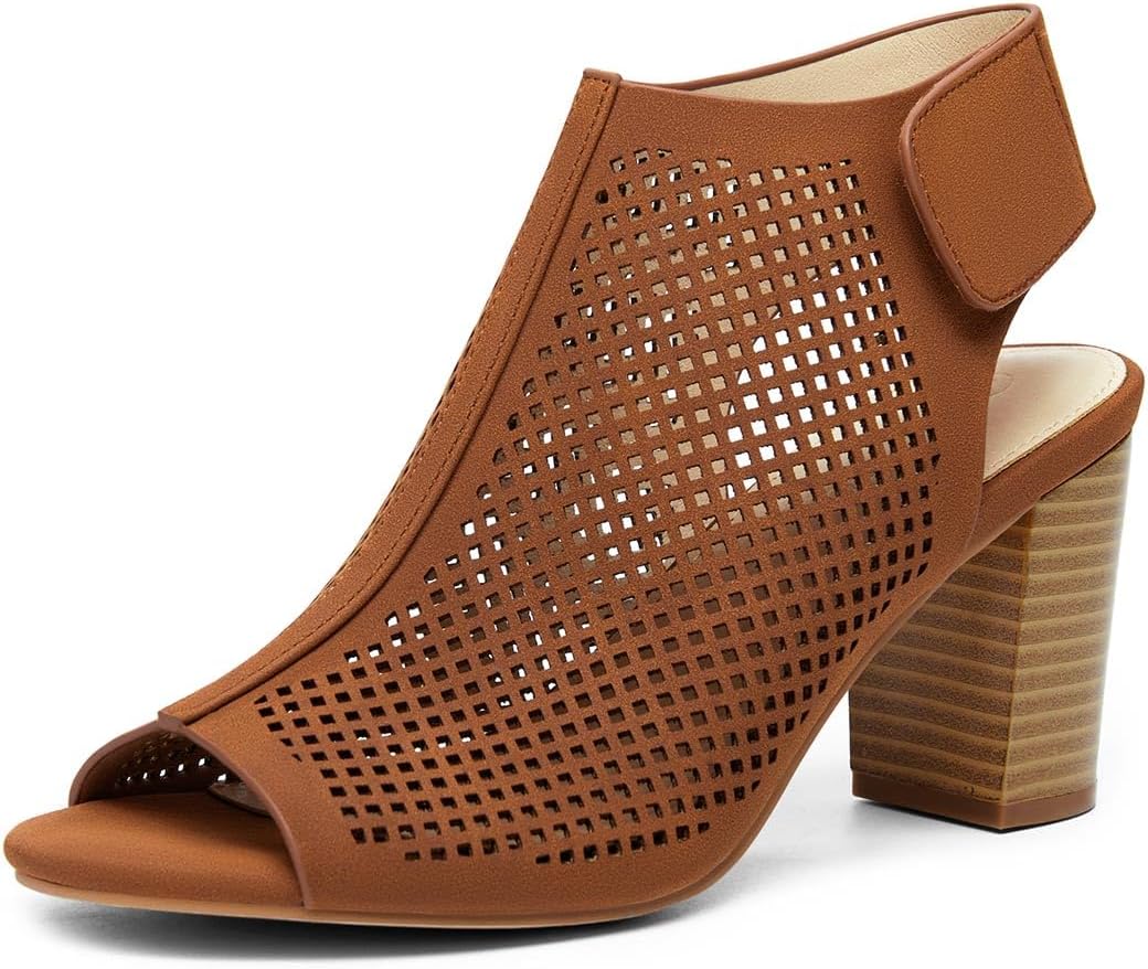 Coutgo Heels for Women Open Toe Boots Cutout Ankle Strap High Heel Chunky Block Sandals