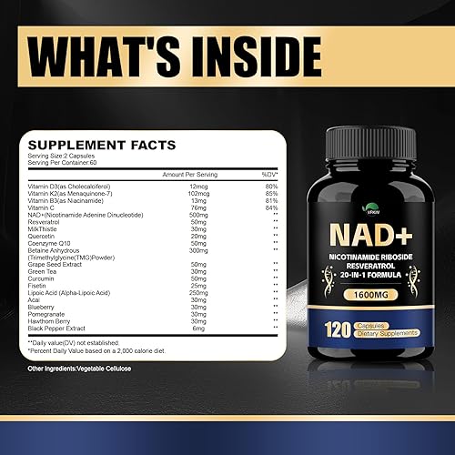 Miniatura 6 de Suplemento NAD, suplemento de 1500 mg de NAD+ con resveratrol, nicotinamida, quercetina, CoQ10, ayuda a la energía y reparación, vitalidad, sin OMG,