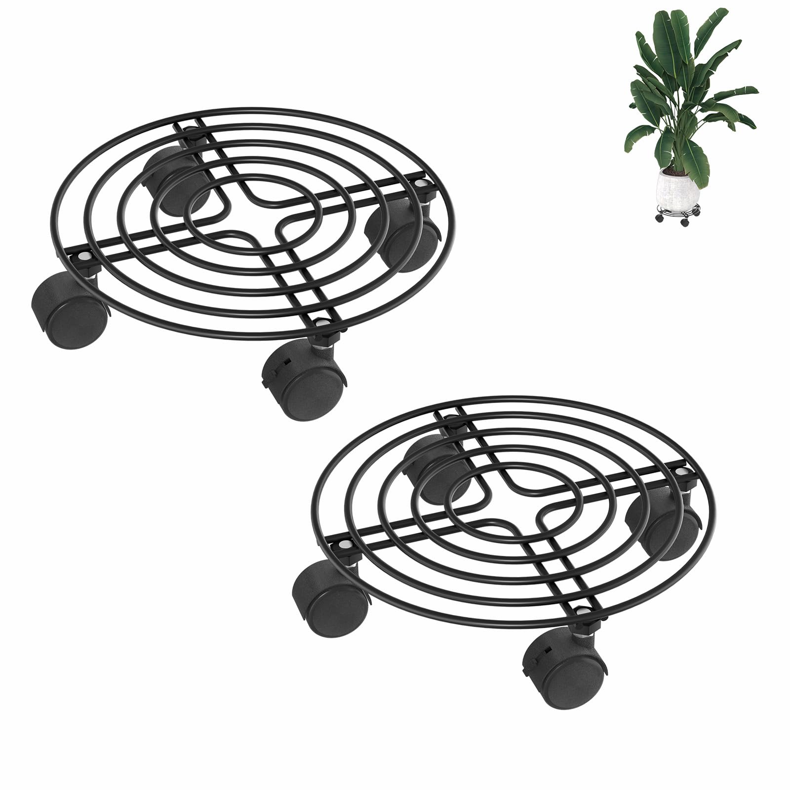 AufuN 2 piezas de rodillos para plantas redondas de metal, Ø30 cm, con ruedas con cerradura, porta macetas con plato, rodillo de plantas para transportar, para interior y exterior, casa y jardín, tipo