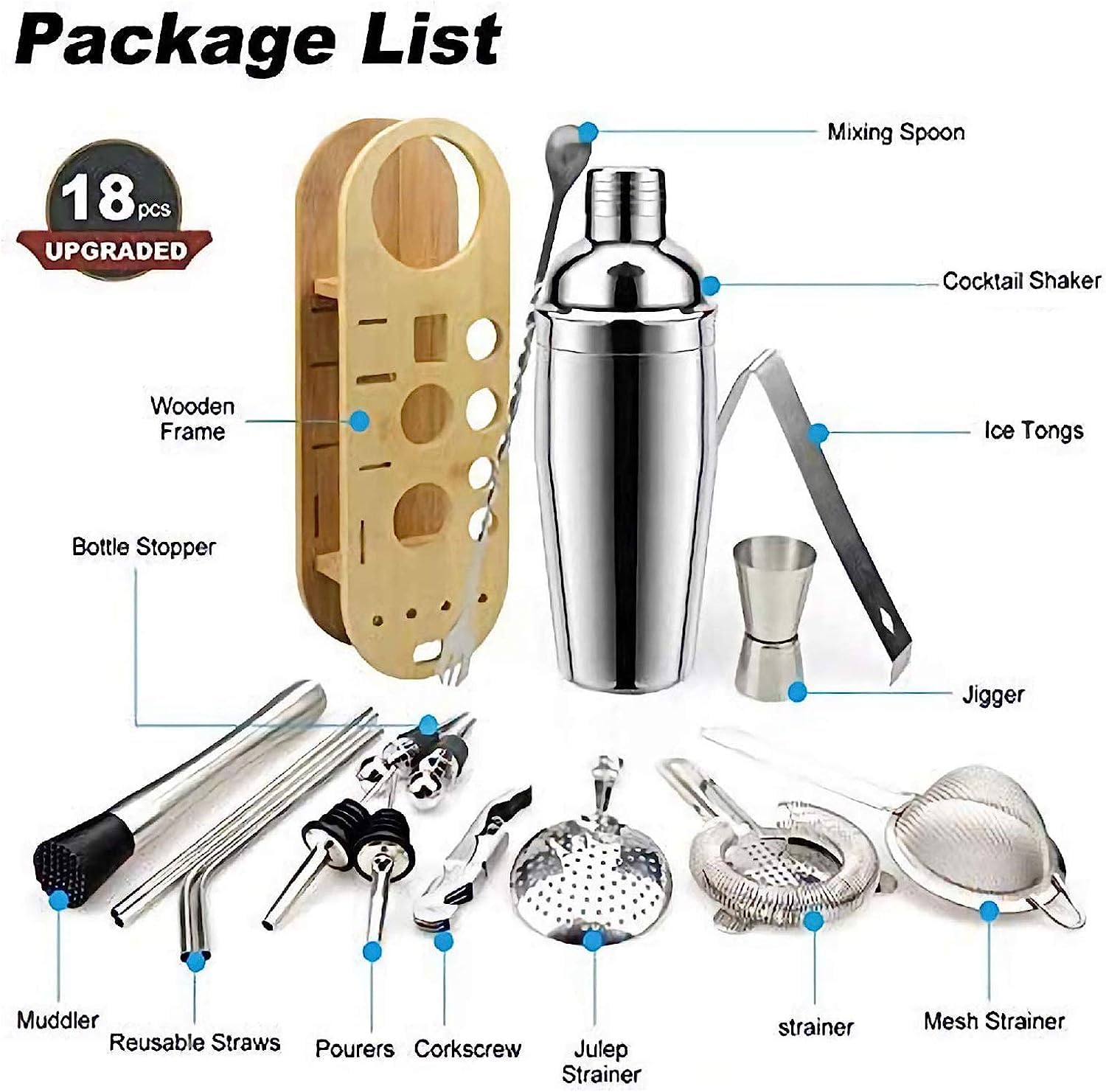 Shaker Cócteles Juego De Coctelera 18 Piezas con Soporte Herramientas Barra Acero Inoxidable para Casera Bar Set(750ml)
