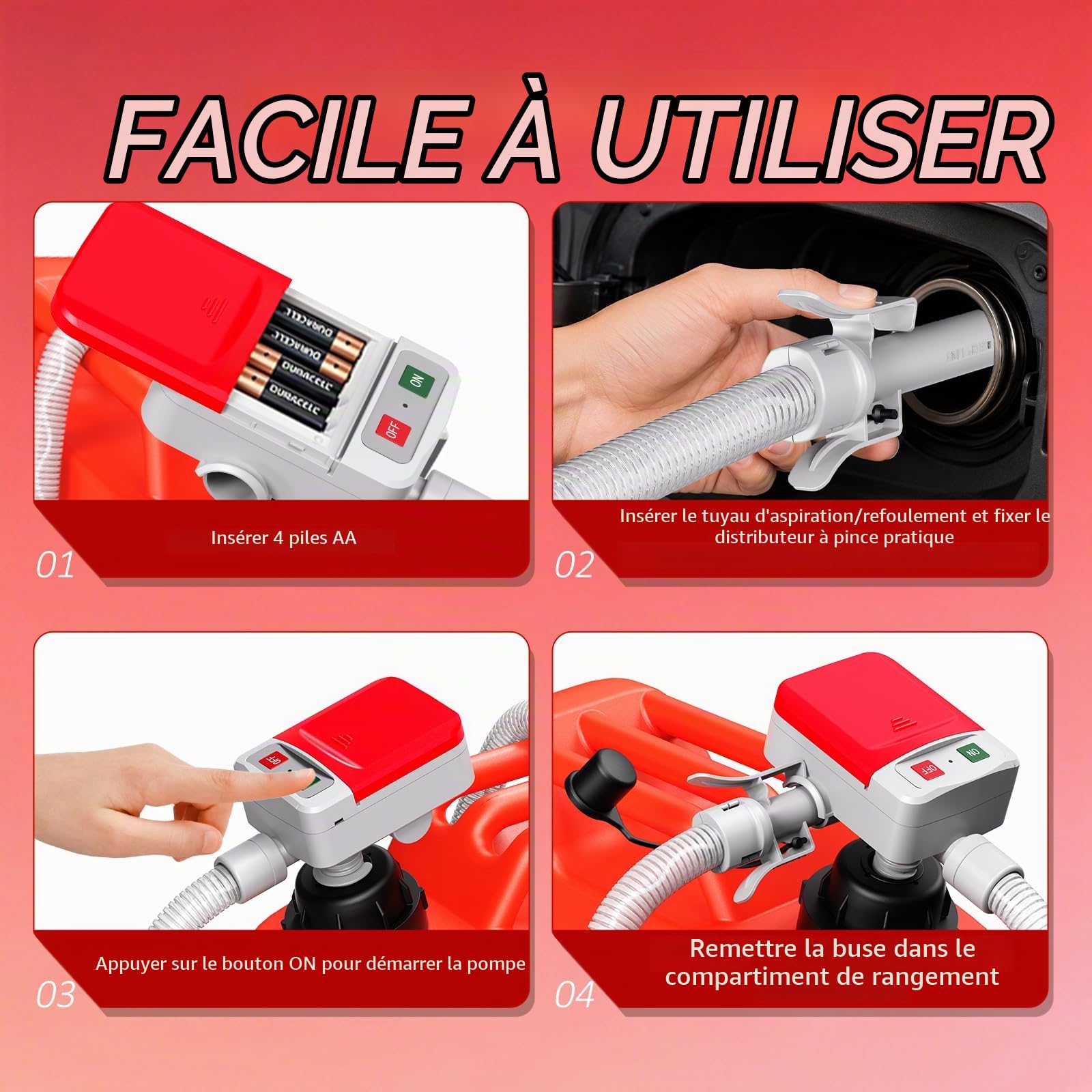 Pompe Électrique pour Carburant avec Stop Automatique - Essence, Gaz, Diesel, USB pompe électrique à essence avec 4 tailles d'adaptateurs et tuyau
