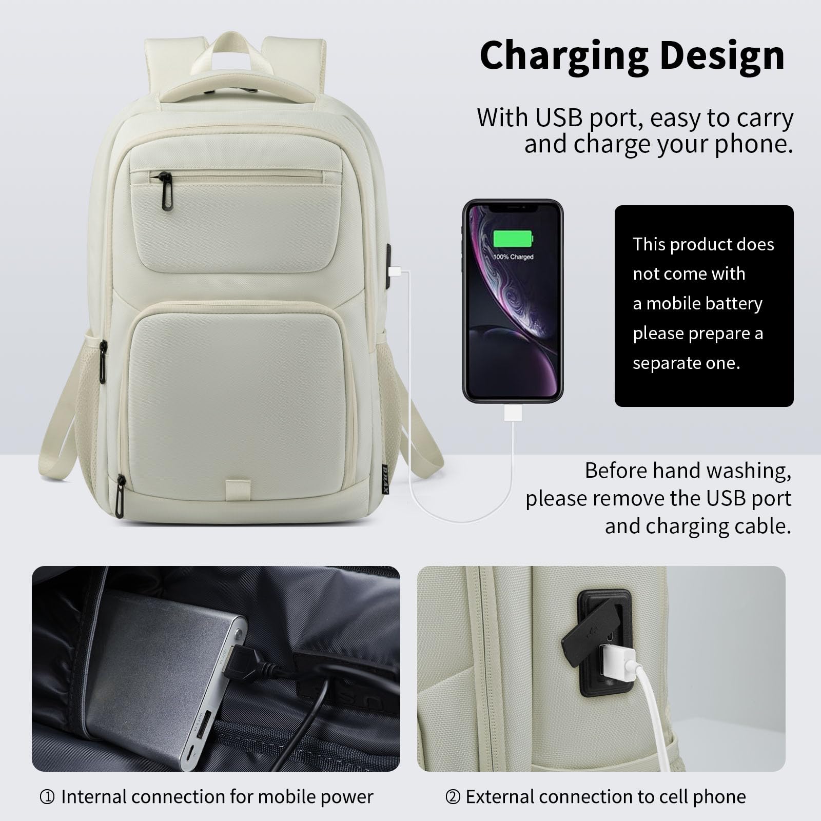 BJIAX 35 Litri Impermeabile 15.6 Pollici Zaino Uomo per PC Portatile con Caricatore USB Zaino da lavoro per Laptop, Computer, Notebook, Viaggio Regalo Uomo - Beige