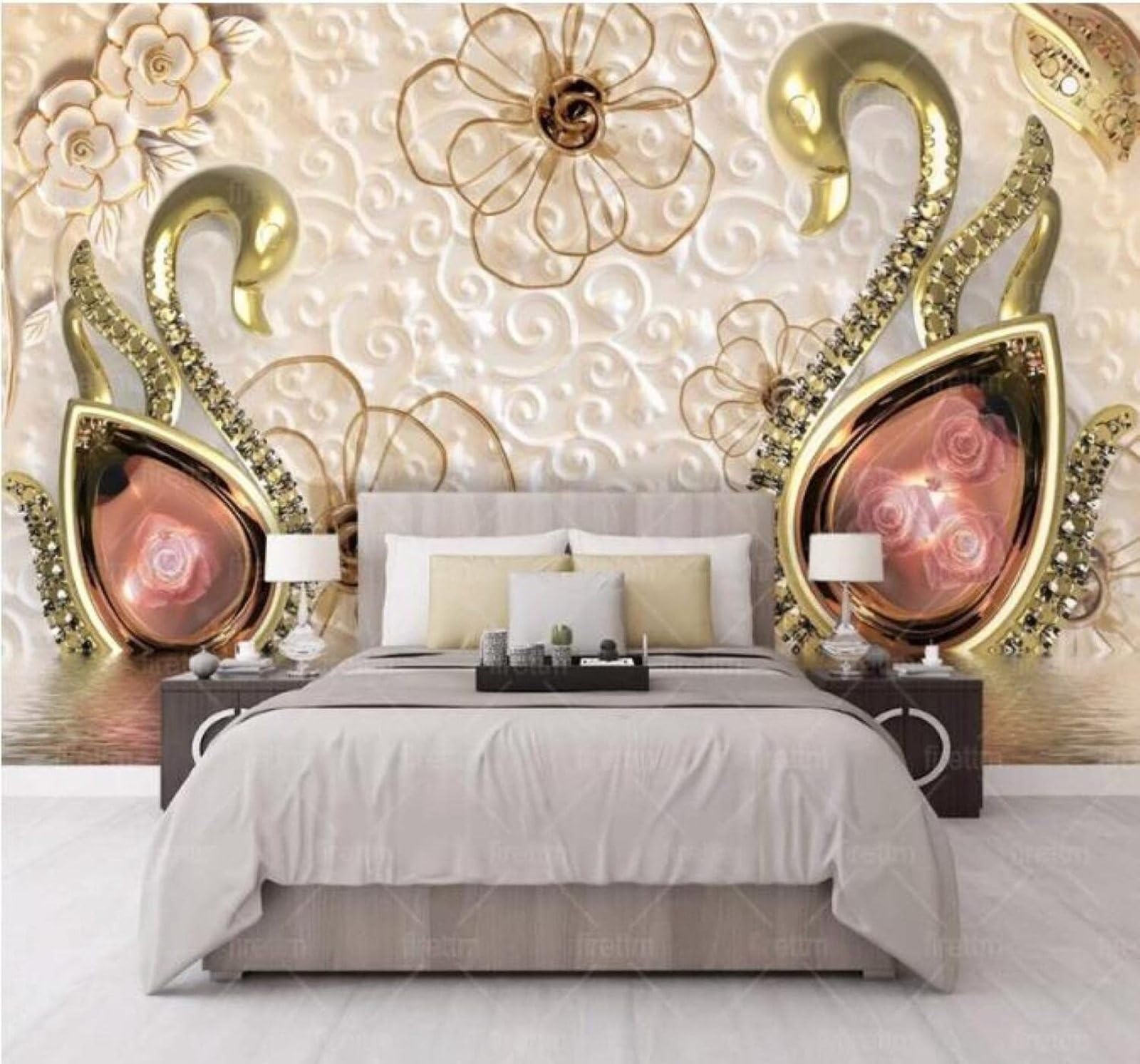 XLMING Relief Light Luxury Gold Roses Swans 3D Wallpaper Luxury Home Dining Decor Paste Sofa Living Room The Wall for Bedroom Mural-300cm×210cm