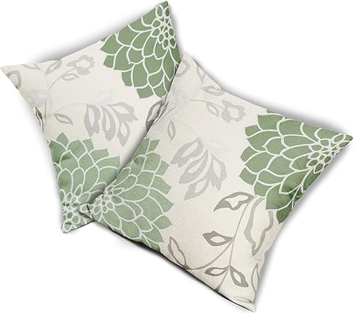 Miniatura 2 de Fundas de almohada verde salvia, paquete de 2 fundas de almohada de 18 x 18 pulgadas, flores de dalia y hojas grises, fundas de almohada decorativas
