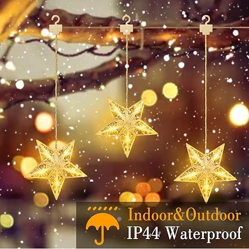 Miniatura 5 de Quntis Luces de ventana de Navidad, 3 estrellas, luces de cortina de hadas, 8 modos, funciona con pilas, luces de estrella colgantes con