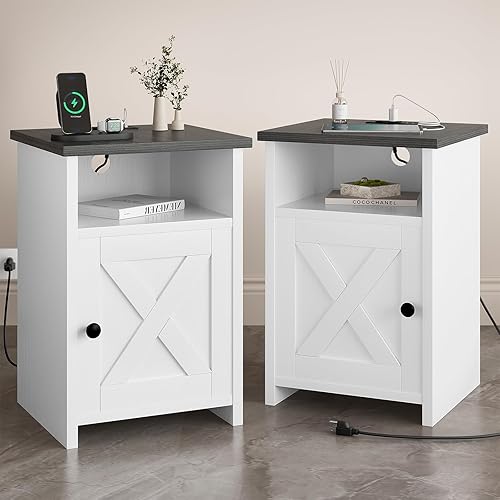 Juego de 2 mesas auxiliares de granja con estación de carga, mesitas de noche con puertos USB y tomas de corriente, mesa auxiliar de cama rústica