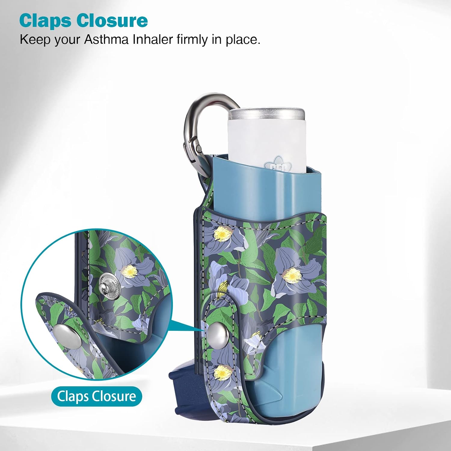 MEDMAX Asthma Inhaler Holder PU Leather Protective Travel Handy Mini Holster, Lightweight Carrying Case with Carabiner Clip, Inhaler Not Included (Case Only), Blue Floral image 4
