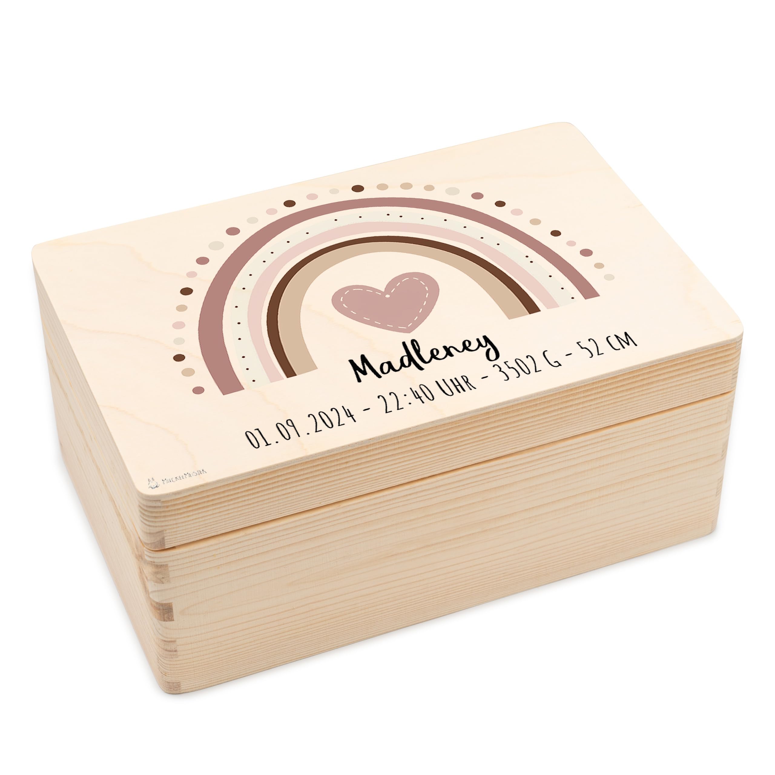 Erinnerungskiste Baby Mädchen/einzigartige Holzkiste personalisiert/Holz 30 x 20 x 14 / Erinnerungsbox Baby Mädchen - Babybox Mädchen Regenbogen Boho mit Namen und Geburtsdaten
