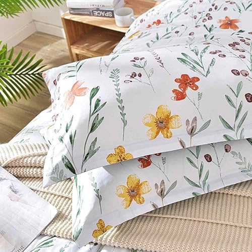 Miniatura 5 de Juego de edredón de tamaño individual, diseño floral blanco y amarillo, estampado de hojas verdes, reversible de plumón alternativo, 68 x 90