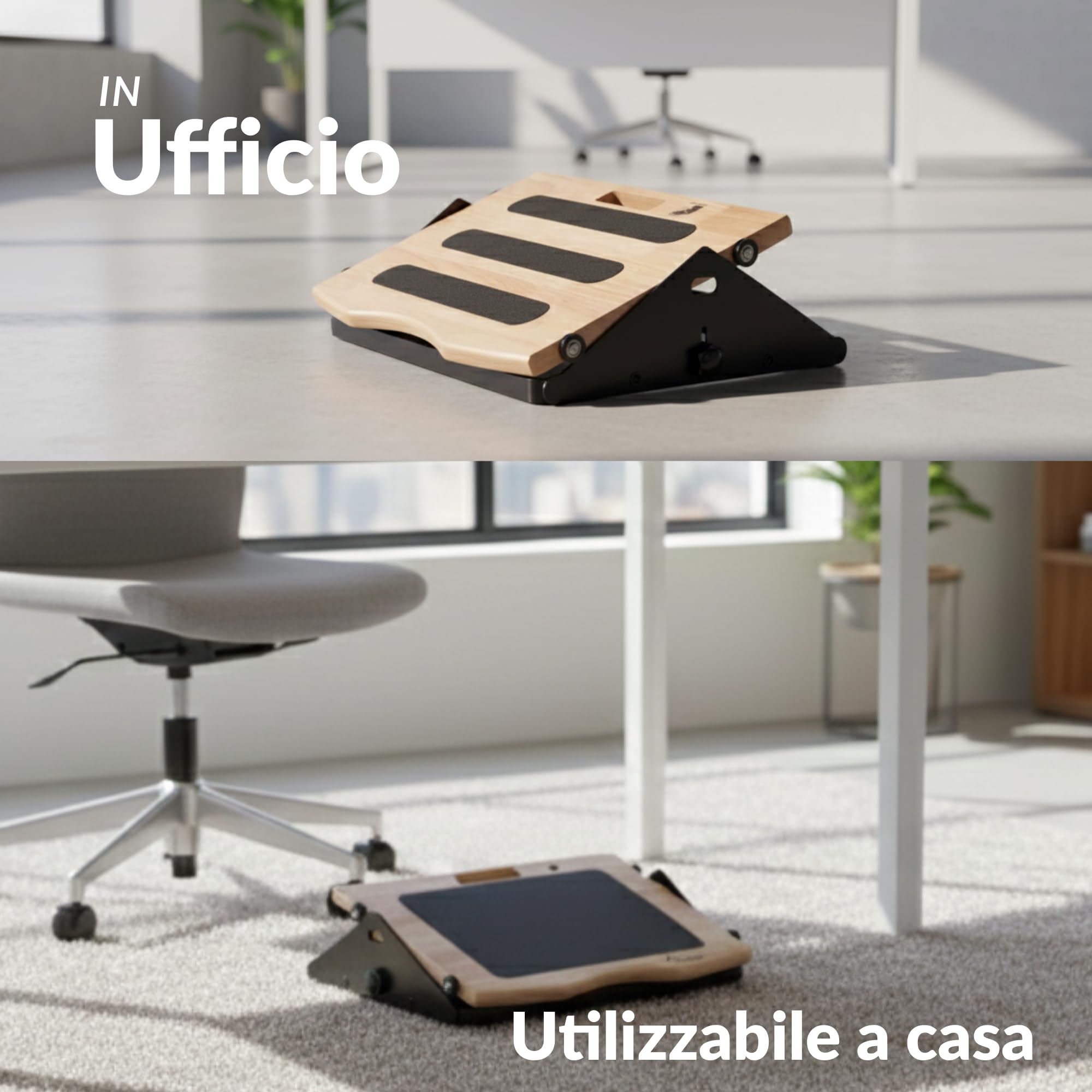 Poggiapiedi da scrivania ergonomici in altezza regolabile per scrivanie basso movimento morbido con ruote, suola base in legno e acciaio, design minimalista ed elegante, ideale per la casa e