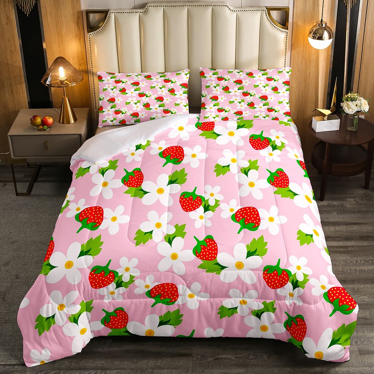 Loussiesd Strawberry Soft Duvet Kids White Floral Fruit Bedding Set Fresh Strawberry Branches Room 3Pcs Double Size
