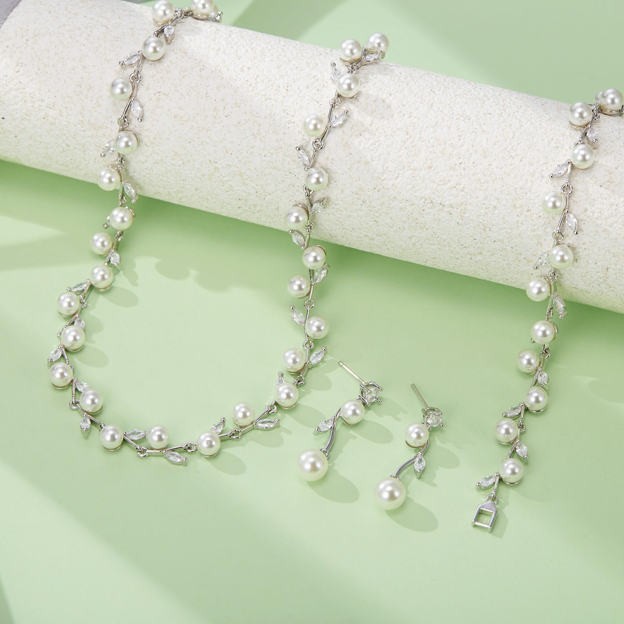 Set di gioielli da donna con foglie di zirconi e perle, per matrimoni