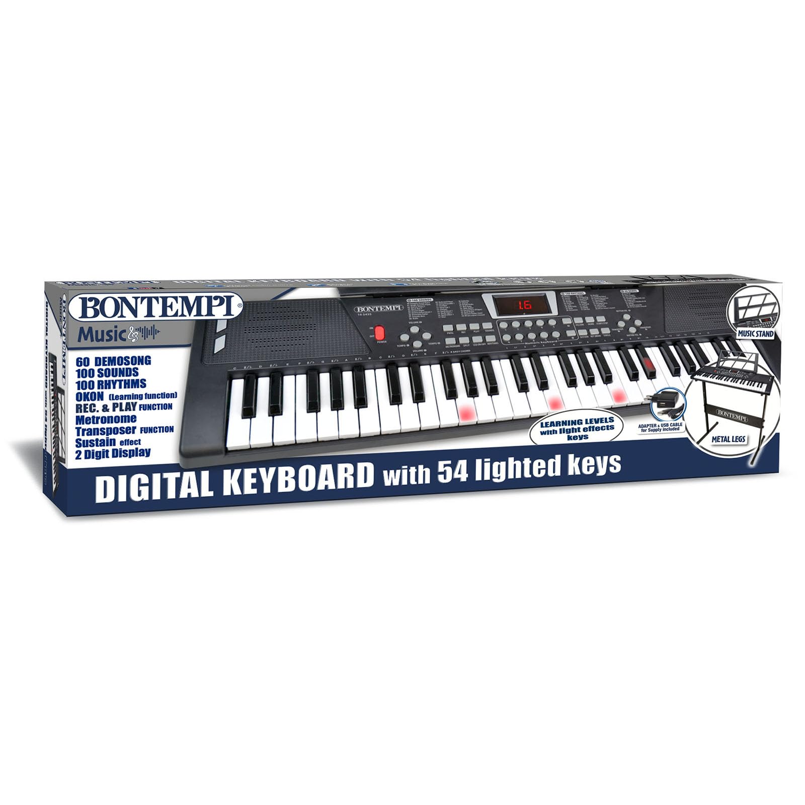 BONTEMPI - HarmonyLegs Digitales Keyboard mit 54 Tasten, mit Tastaturständerbeinen und Leuchttasten, Intuitives Design und Überlegener Klang für Spaß und Lernen