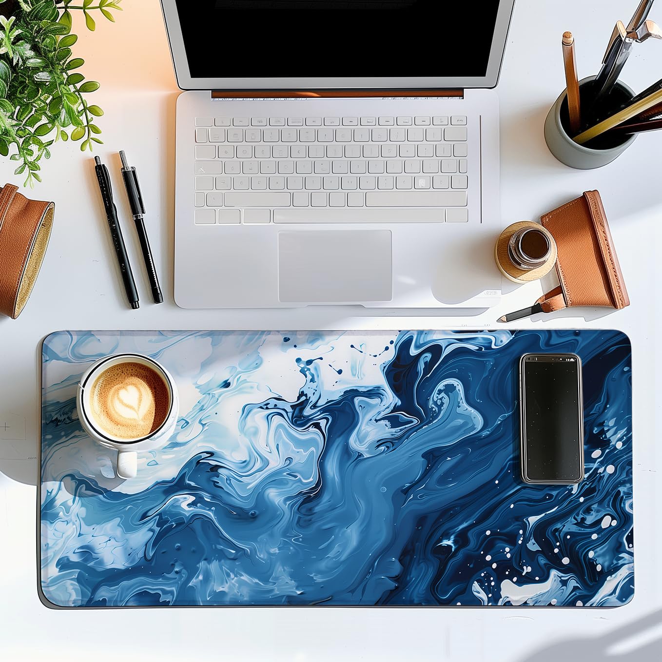 SoulAbiti Sapphire Swirl Stitched Edges Desk Mat - Blue Marble Design Mouse Pad - Large Gaming 23.6x11 inch Mousepad - Non-Slip, Anti Fray, Computer Laptop Office Décor 2