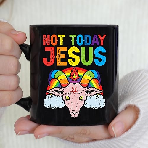 Miniatura 3 de TODOLIA Taza de café de 11 onzas con texto en inglés "Not Today Jesus", divertida taza de memes ateísta, regalo de satanismo demoníaco, té satánico