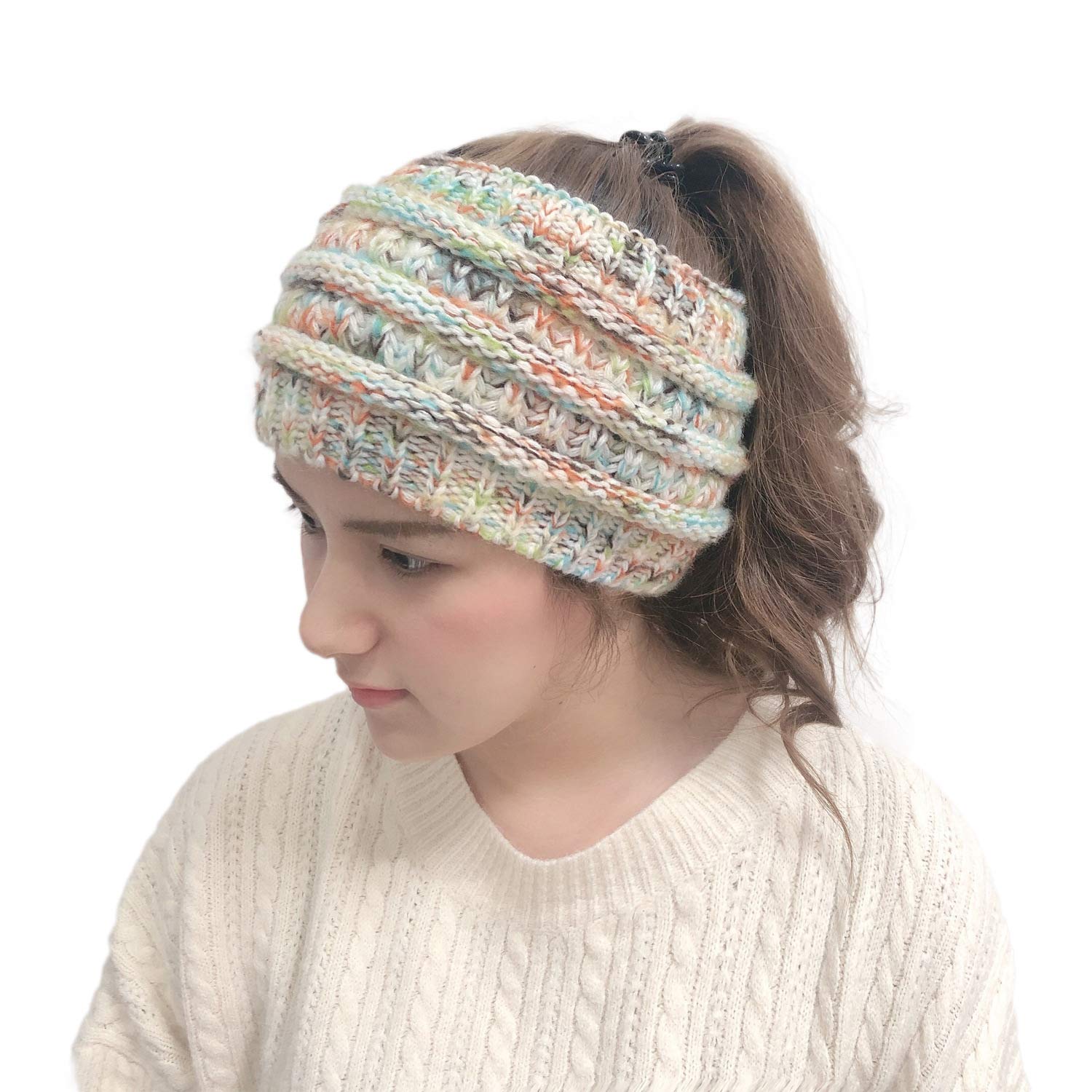 Gorro Beanie de Punto cálido Sombrero de Mujer, Soft Stretch Cable Knit Messy High Bun Ponytail Beanie Hat