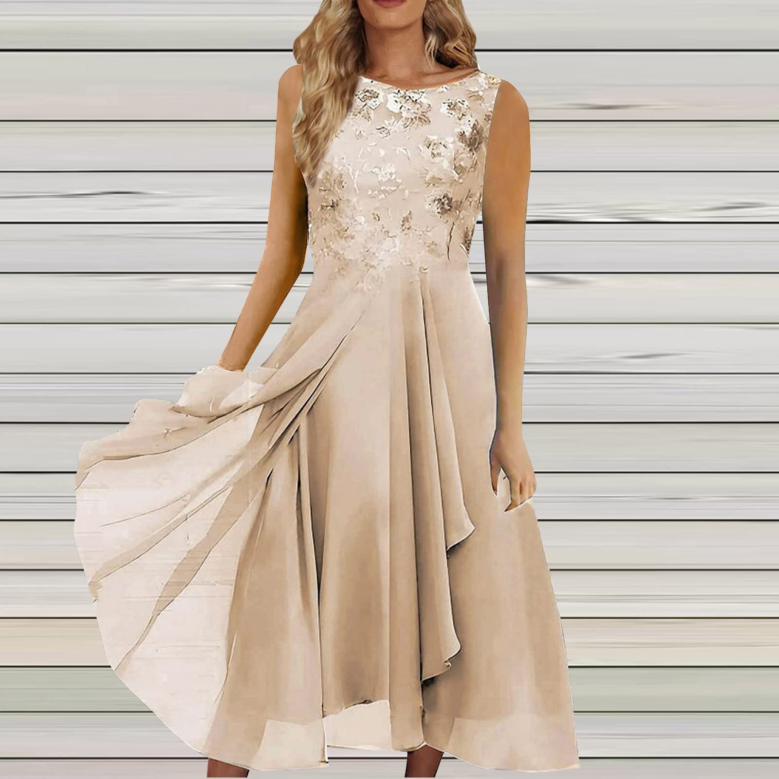 Robe Cocktail Femme Robe de Soirée en Mousseline de Soie Et Dentelle Patchwork Manches Courtes Col Rond Longue Robe de Demoiselle d'honneur