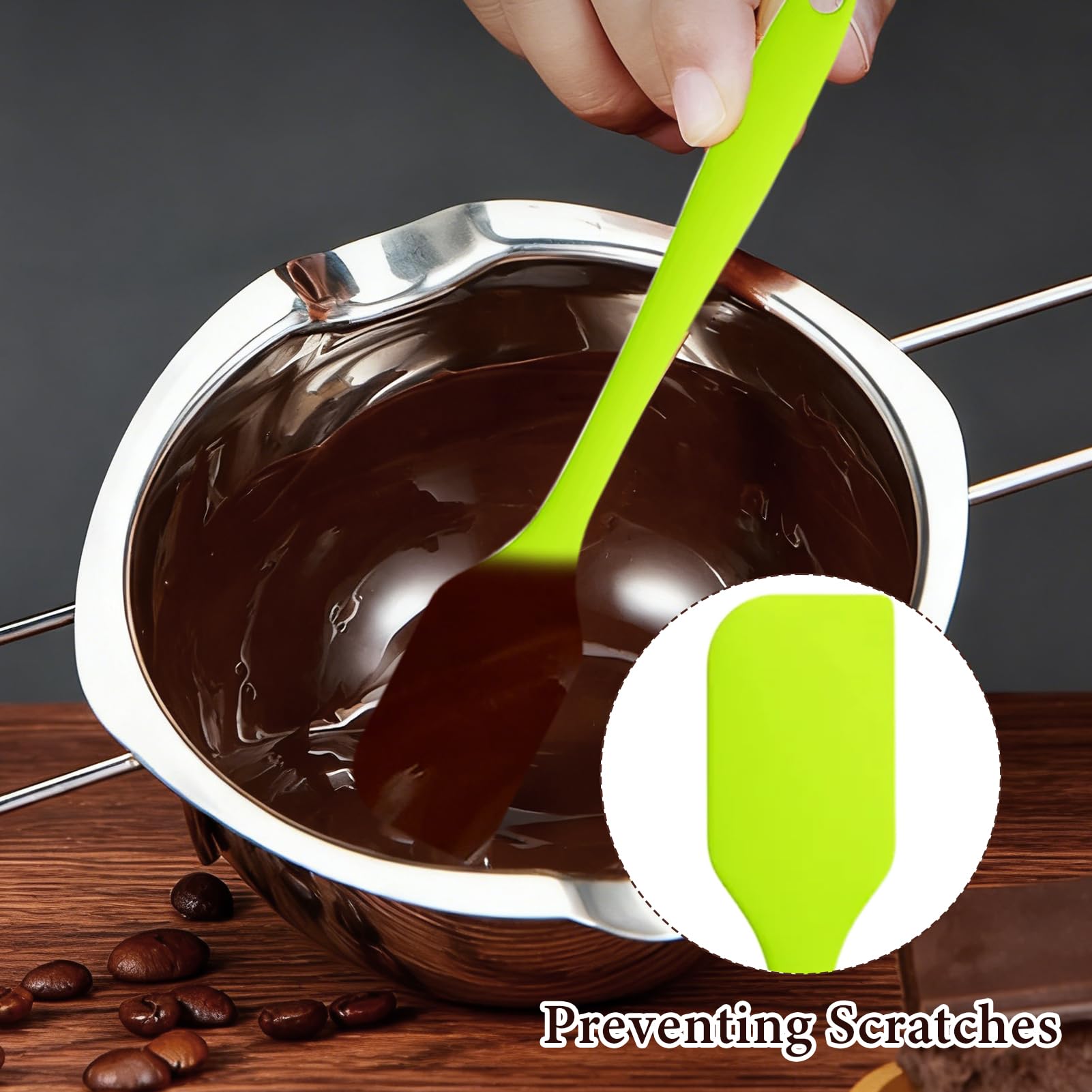 Set di 2 ciotole per sciogliere il bagnomaria, 500 ml, in acciaio inox, con 2 spatole in silicone per burro, cioccolato, formaggio, caramello, candele