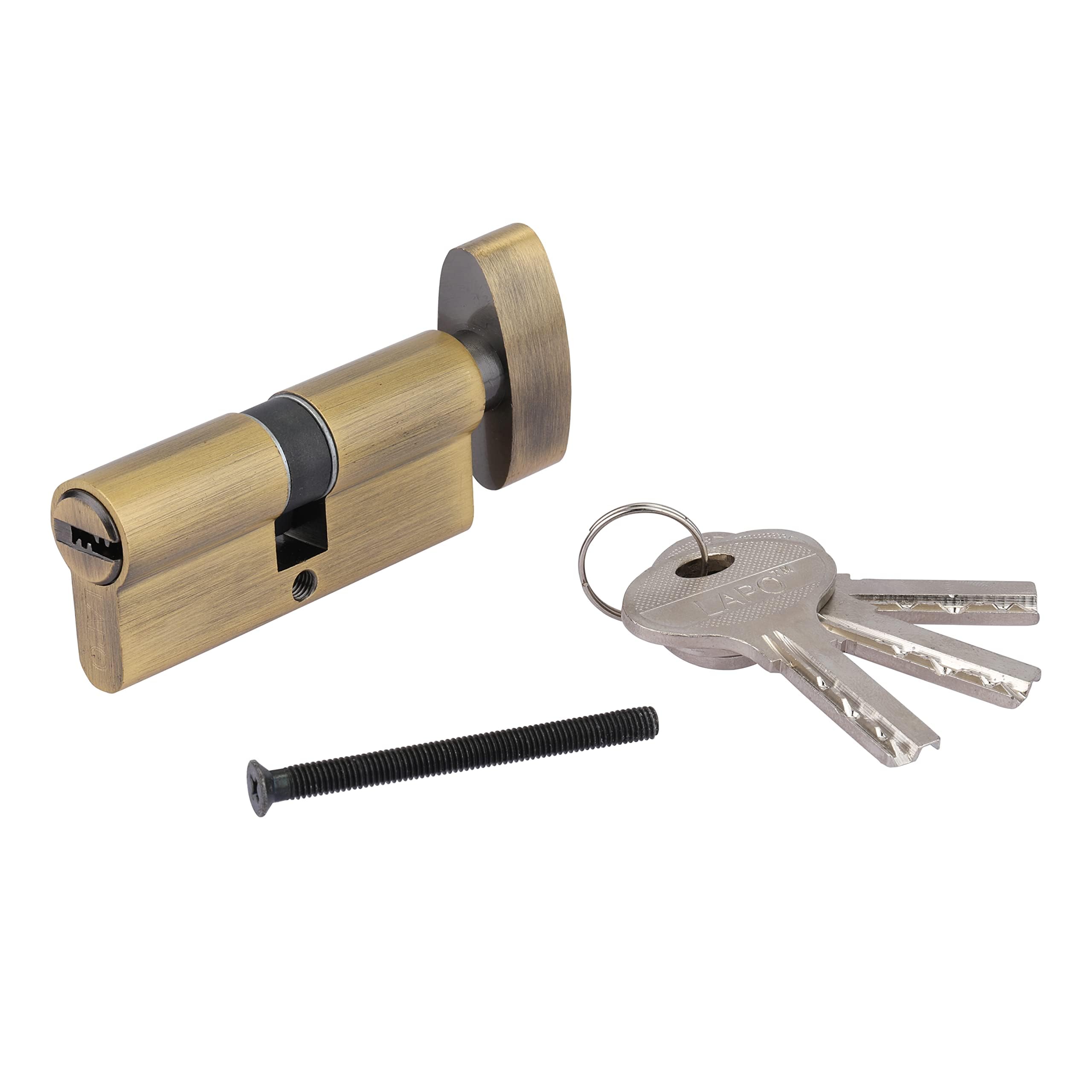 LAPO 70 mm Brass Cylinder Lock for Mortise Handle Lock Fittings for Wooden Door | Cylinder with 3 Brass Ultra Keys(Antique Finish)-Pack of 1 2