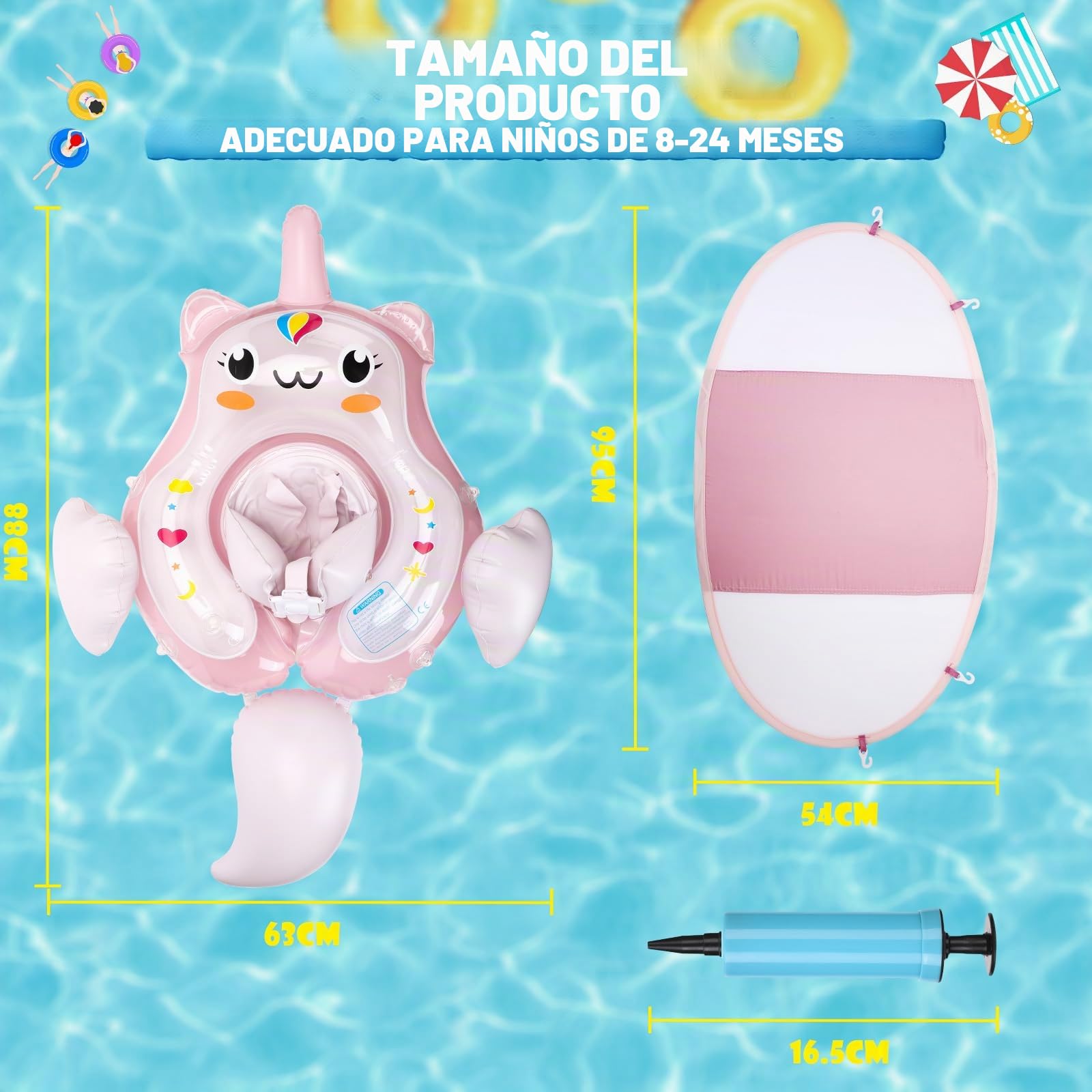Flotador para Bebé, Flotador Bebe con Sombrilla SPF50+, Flotador Bebe Inflable con Cola de Apoyo Inferior Flotadores de Piscina para Bebés con Asiento Seguridad y Bomba para Bebé 8-24 Meses