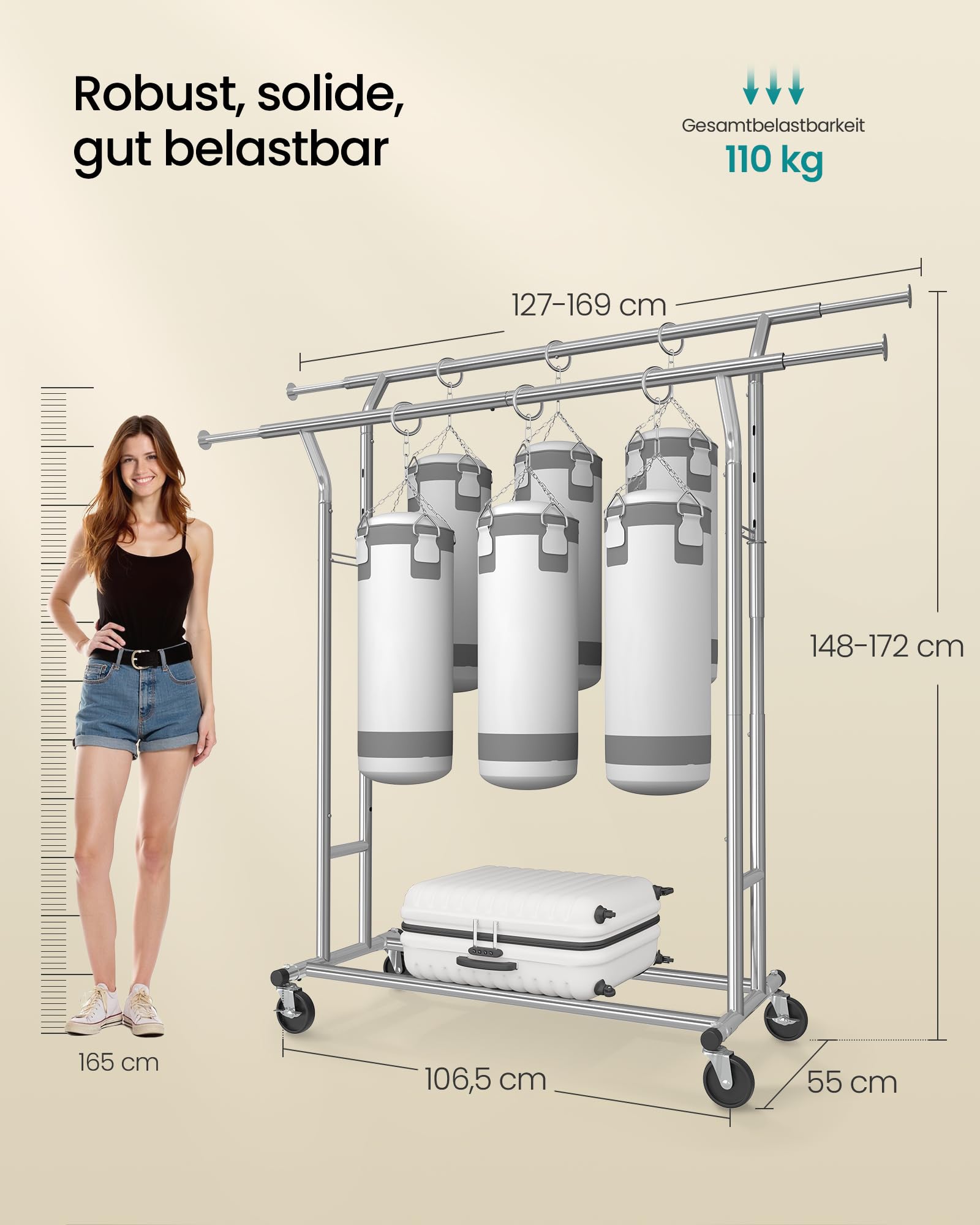 SONGMICS Schwerlast Kleiderständer aus Metall, bis 110 kg belastbar, Garderobenständer auf Rädern, Länge 129-169 cm, Verchromt HSR12S