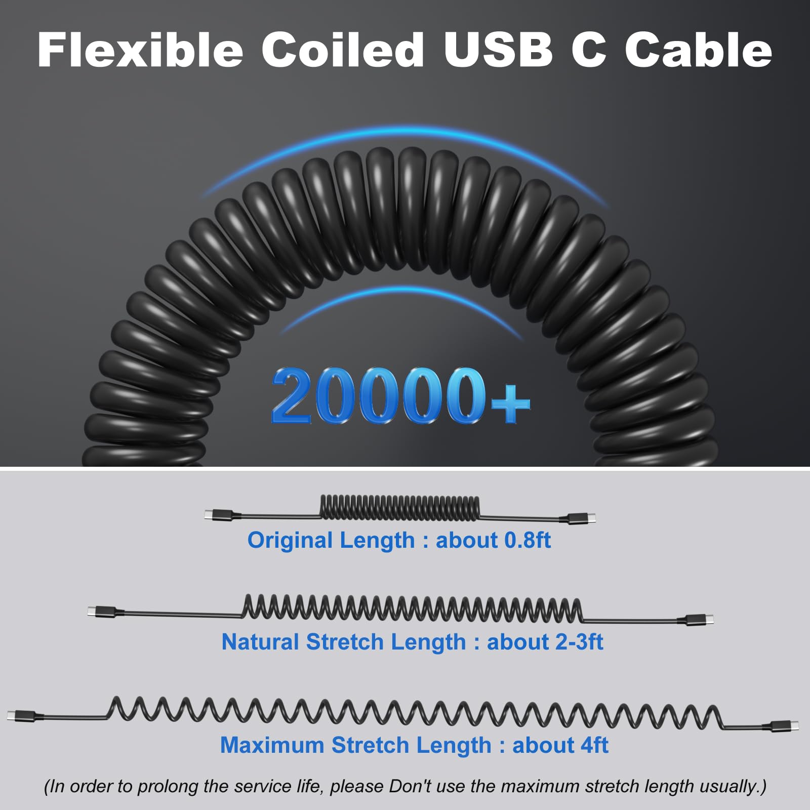 OKRAY Cable USB C en espiral para coche, paquete de 2 unidades de 5 pies USB-C a USB-C de 60 W, cable de carga rápida tipo C, cable de carga retráctil para coche, compatible con teléfono 15 Pro Max/15