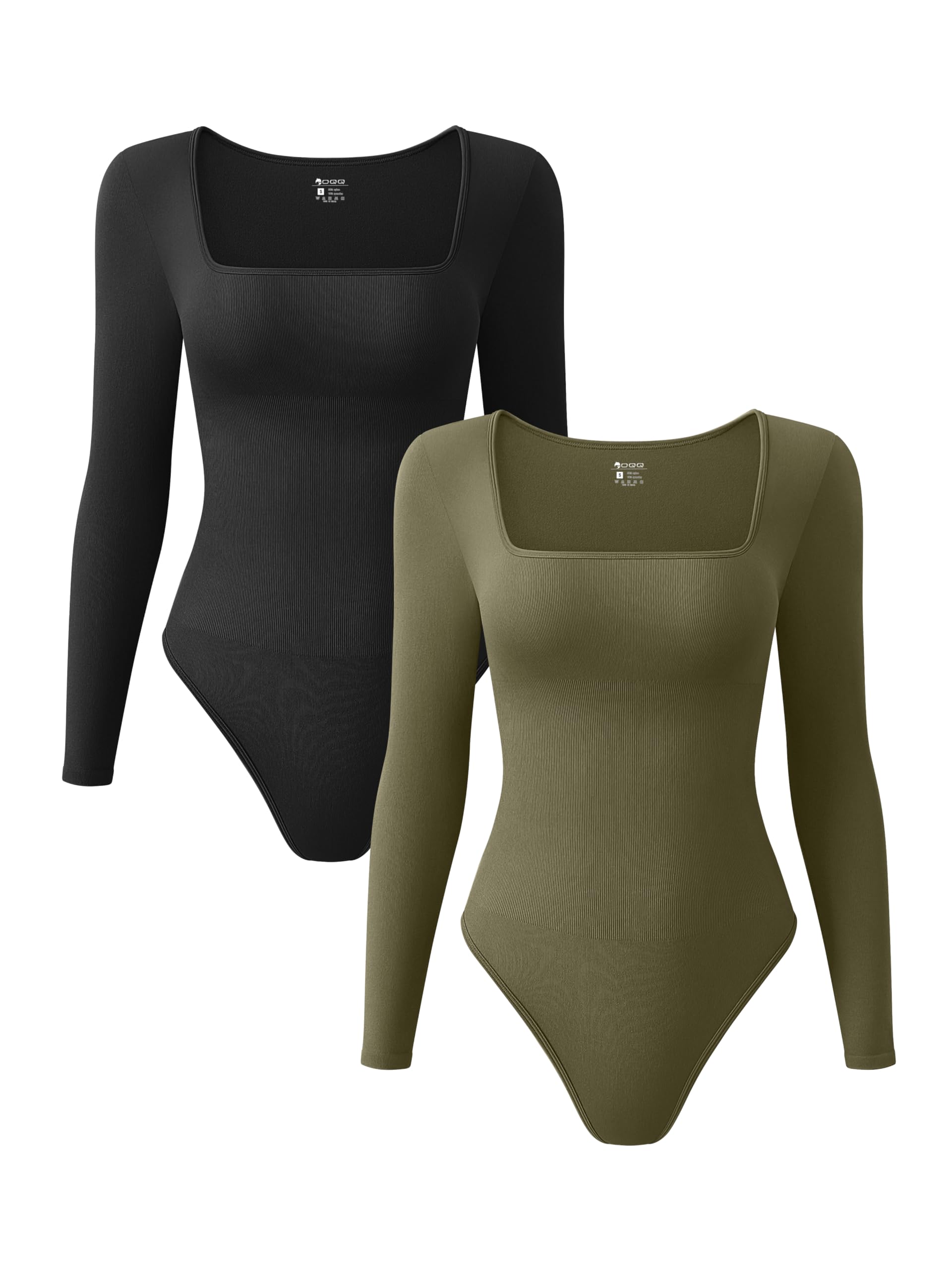 OQQWomen's 2 Piece Bodysuits Sexy Ribbed One Piece Square Neck Long Sleeve Tops