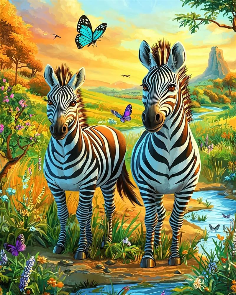 Henypt Bead Embroidery Kit Two Zebras and A Butterfly 30X40Cm Full Beaded Cross Stitch On Stamped Canvas Fabric, Art DIY Beadwork Kit Embroidery Pattern