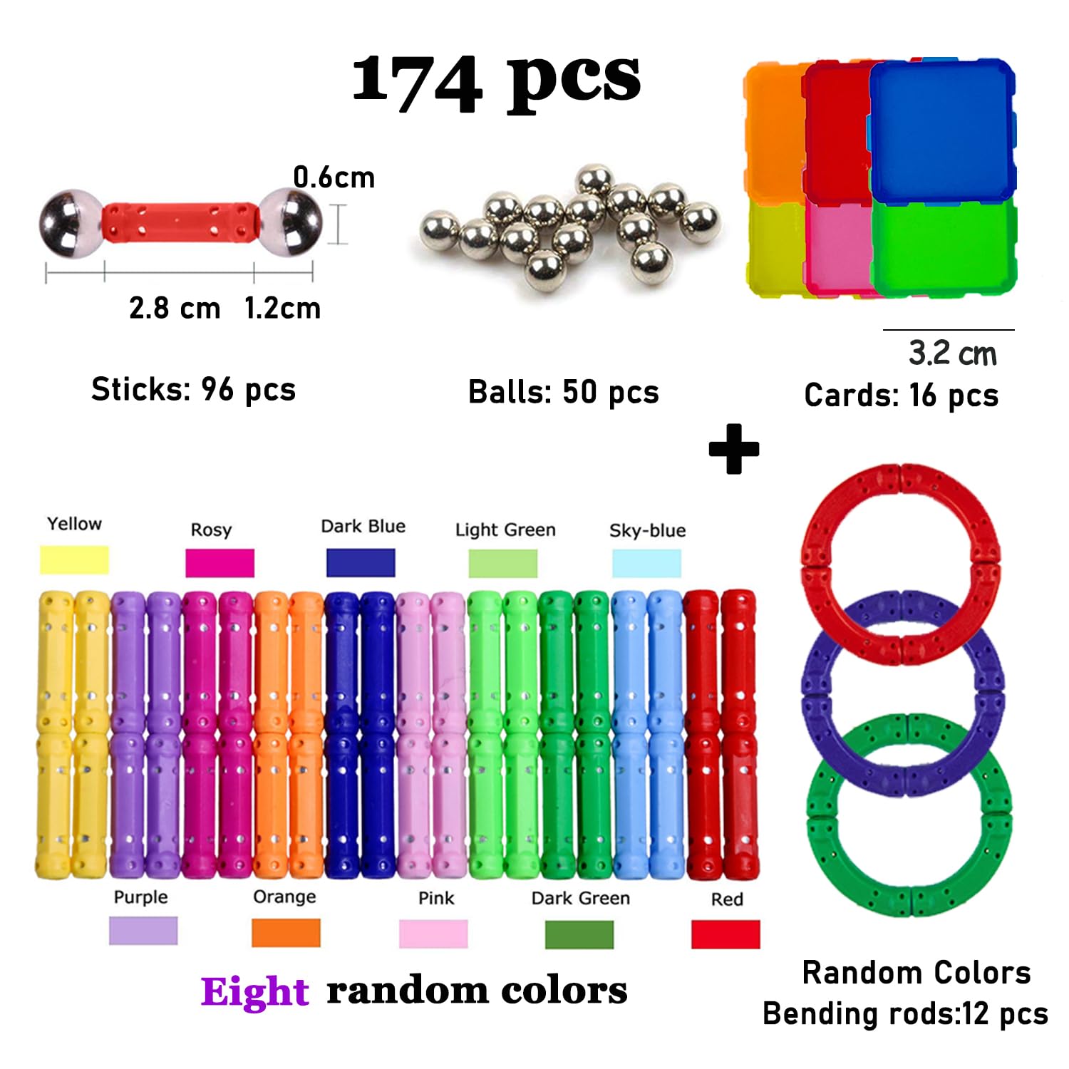 Jokooan Costruzioni Magnetiche per Bambini, 174 pcs Bastoncini Magnetici Giocattoli da Costruzione, STEM Montessori Giocattoli di Apprendimento Intelligenza per Bambini