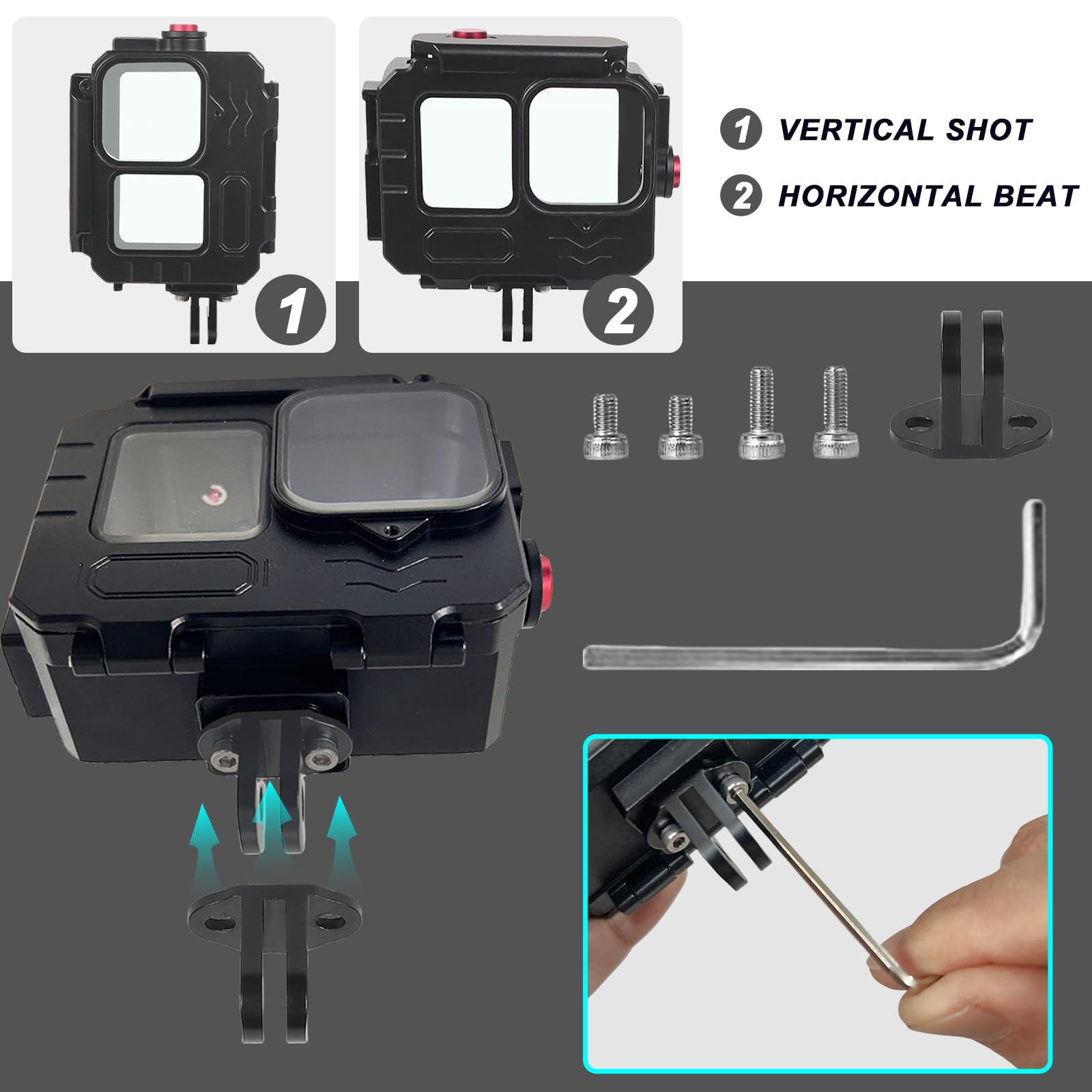 Custodia impermeabile in lega di alluminio da 80 m per Go Pro Hero13/Hero12/Hero11/Hero10/Hero9 nera, custodia protettiva per immersioni subacquee per Go Pro Hero 13 Action Camera con accessori per