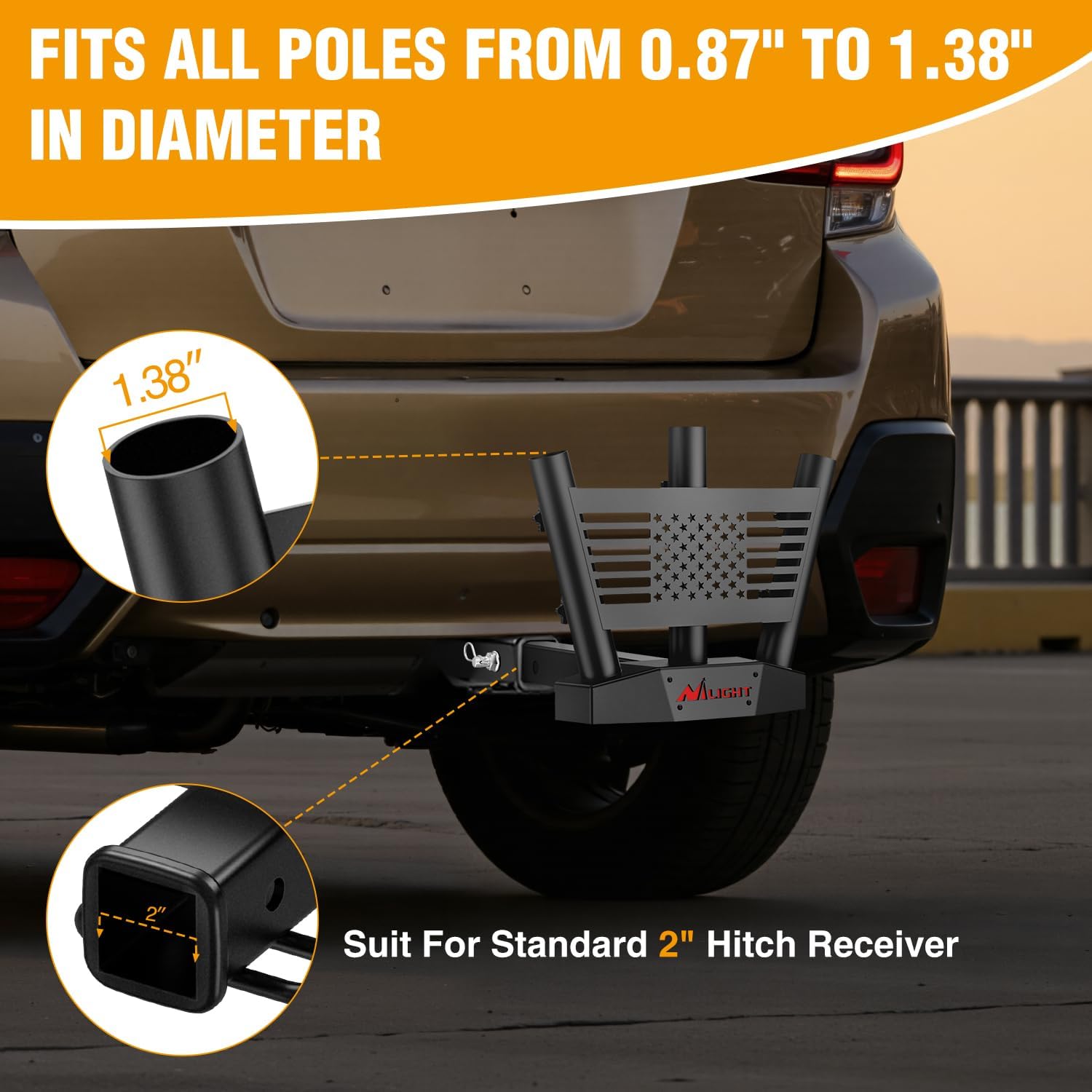 Nilight Triple Hitch Mount Flagpole Holder fits 2 Inch Receivers