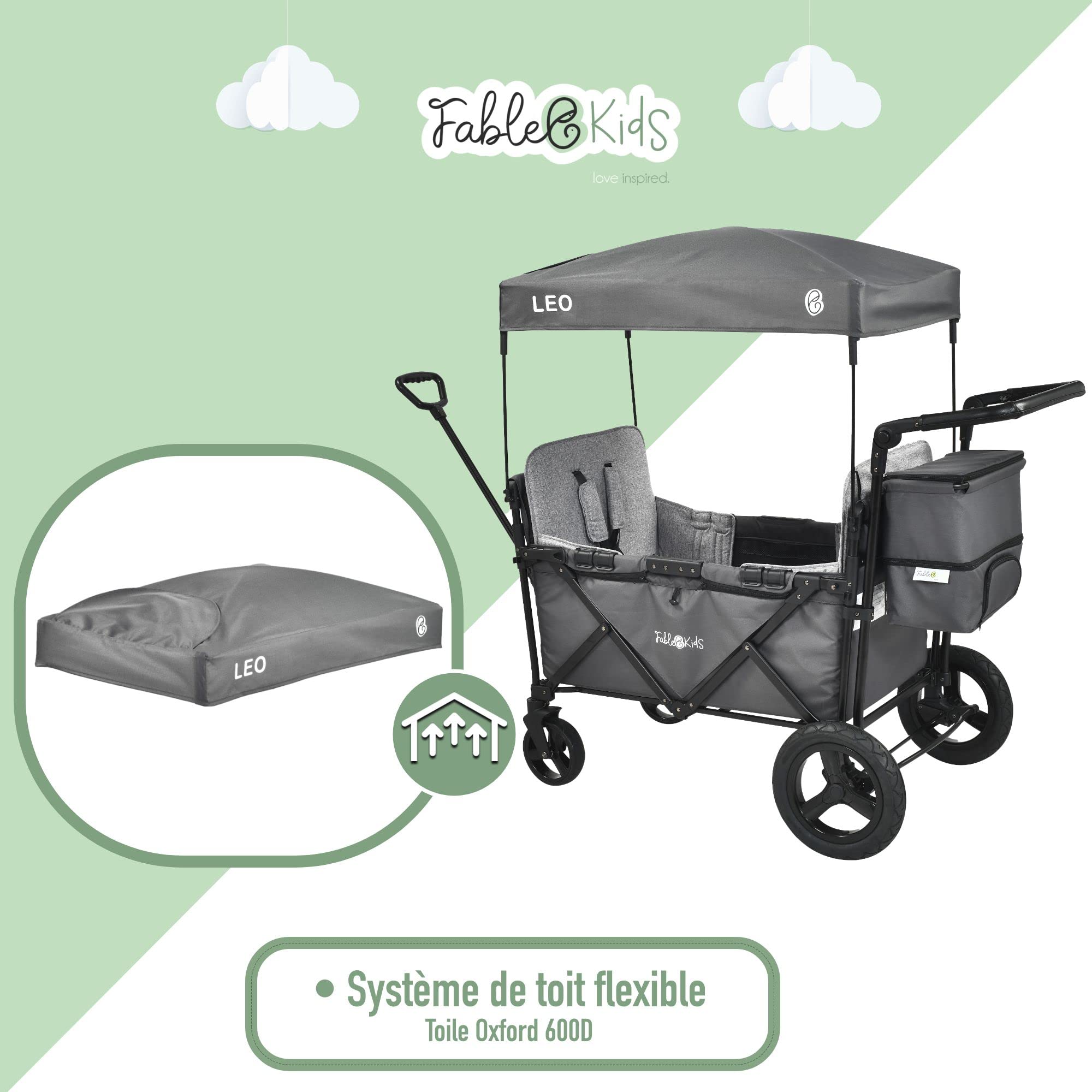 AREBOS FableKids Chariot Leo X2Plus avec Toit | de Transport Pliable supporte jusqu'à 20 kg par siège Harnais 5 Points Roues Tout-Terrain 360° Frein à Pied Toile Oxford 600D Gris fossile FA-HE-SW2LUA
