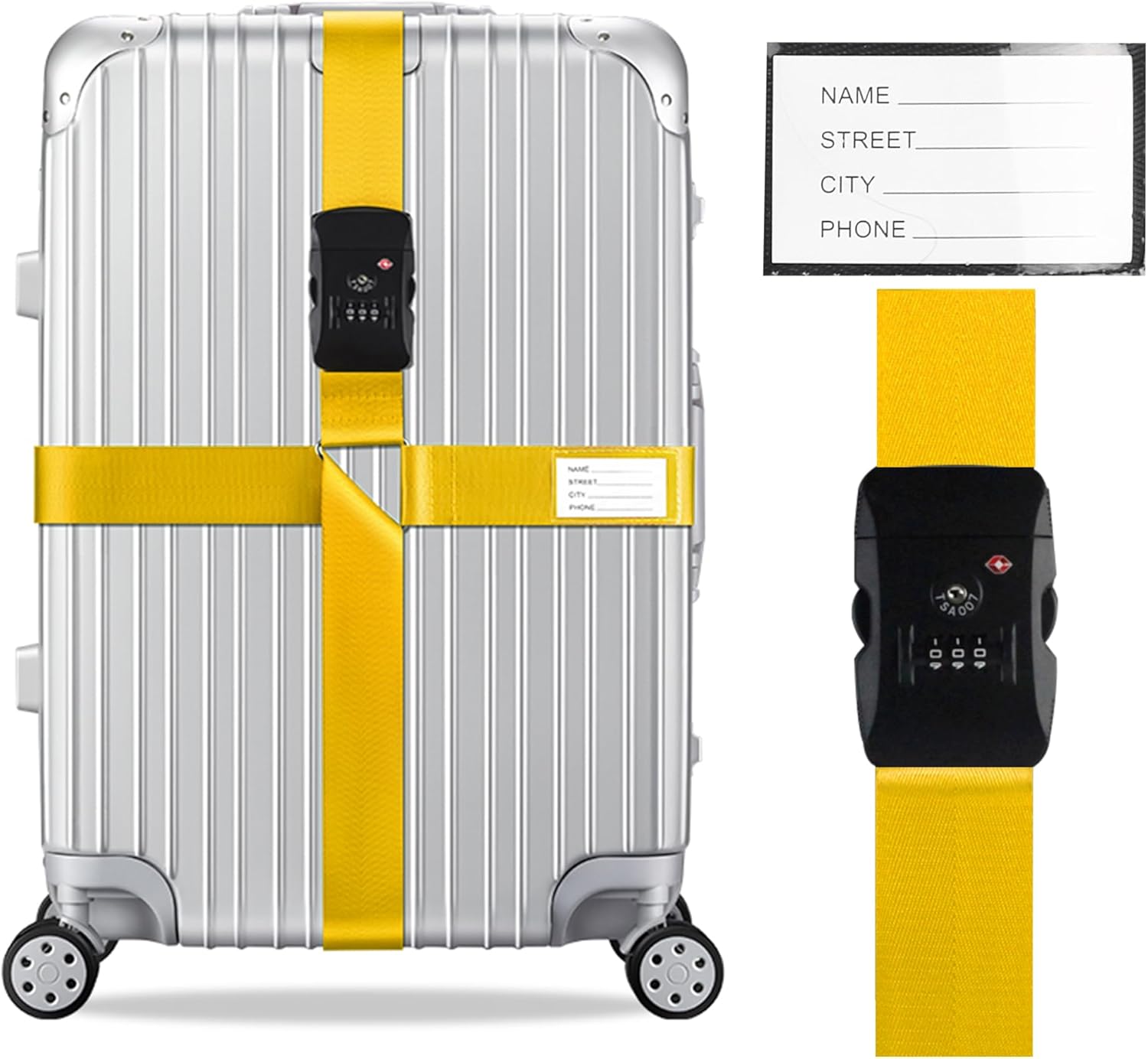 Veki Cross Luggage Straps Set TSA Approved with Lock Adjustable Travel Suitcase Belts Suitcase Tags with Name ID Card Packing Straps for Suitcases Strap Travel Accessories (Yellow, 1pcs)