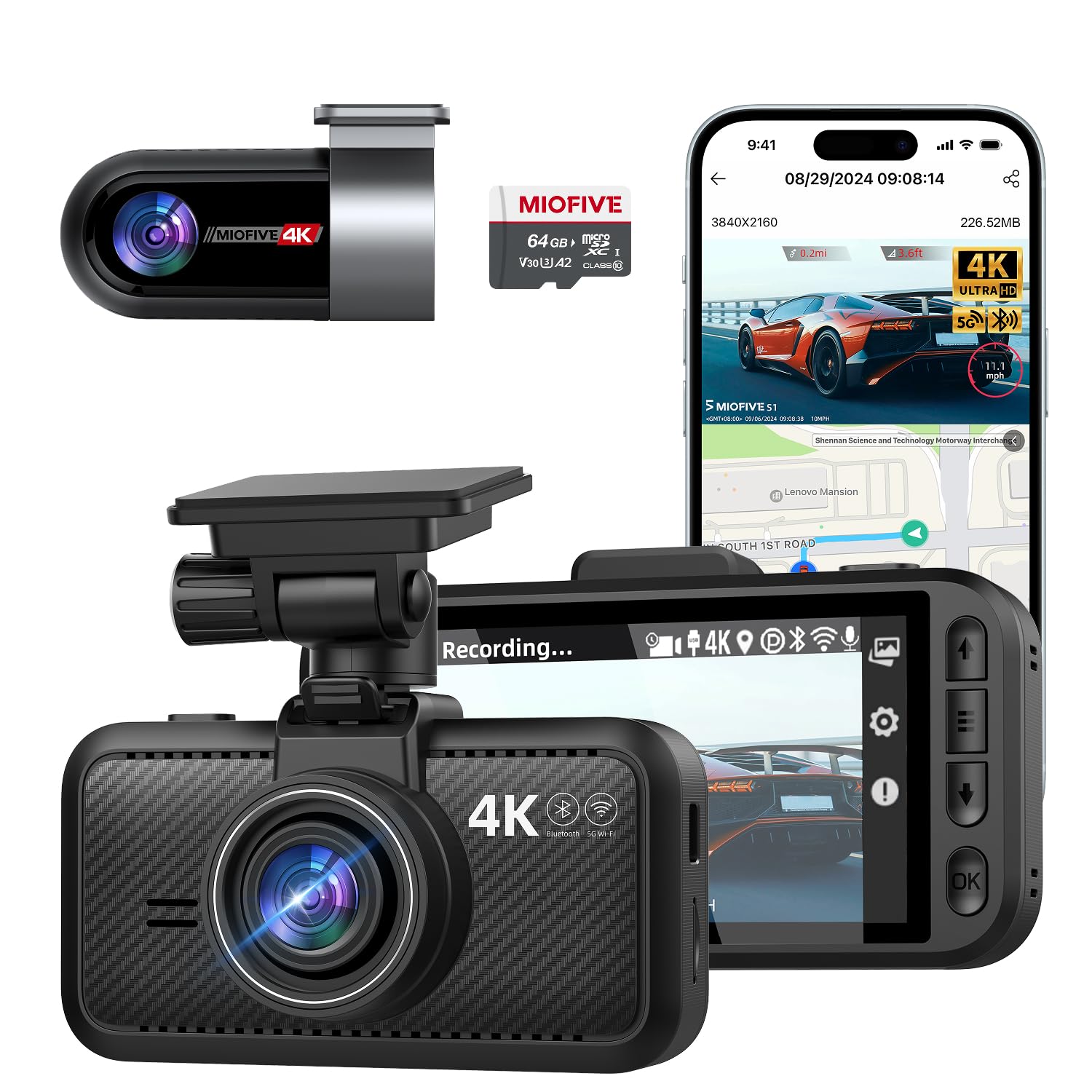 4K Dash Cam Front and Rear, 5GHz Wi-Fi & GPS Dashcam with 64GB SD Card, Dual Car Camera Dash Cam with Parking Monitor, Night Vision, HDR, G-Sensor, Loop Recording, APP Control, Max 512GB