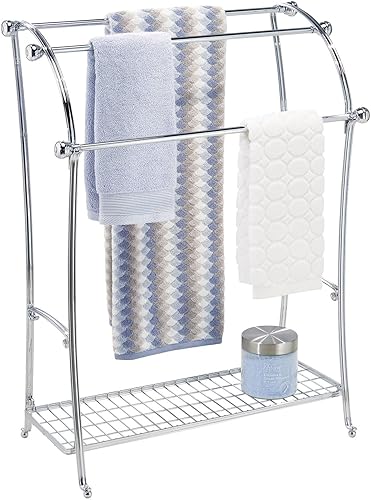 Miniatura 6 de mDesign Toallero independiente grande con estante de almacenamiento, organizador de metal de 3 niveles para toallas de baño y de mano, paños de