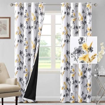H.VERSAILTEX 100% Blackout Curtains 84 inch Length 2 Panels Set Cattleya Floral Printed Drapes Leah Floral Thermal Curtains for Bedroom with Black Liner Sound Proof Curtains, Grey and Yellow