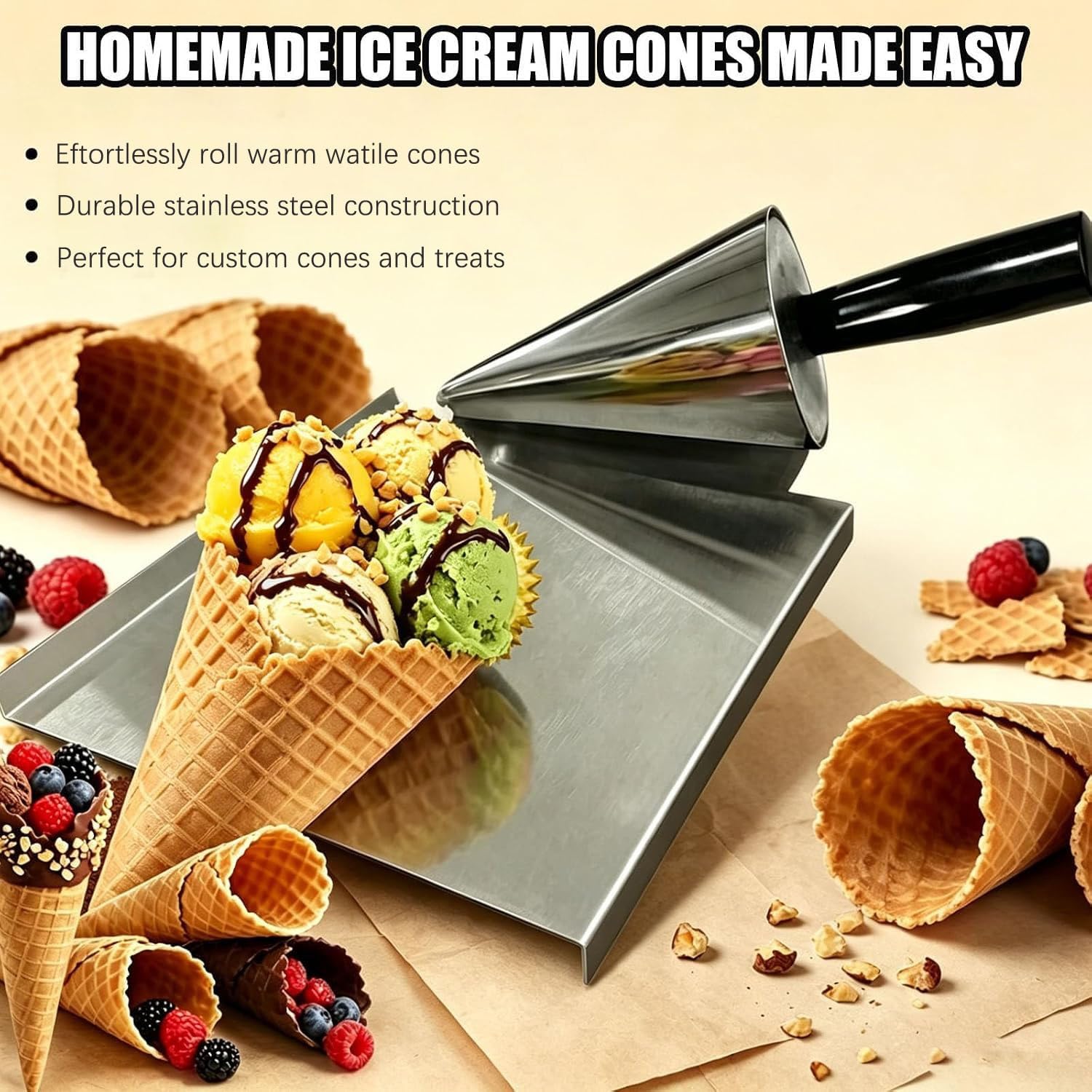 Moldeador De Conos De Helado, Herramienta Para Dar Forma a Los | Con Base De Acero Inoxidable, Para Hacer Rollitos De Huevo Crujientes Y Tartaletas De Hojaldre(L)