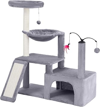 YUNIQUE Multi-Functional Cat Tree Tower, Big Cat Condo with Scratching Board, Rotating Toy & Deep Hammock, Luxury Perch Kitty Furniture for Indoor Cats Grey
