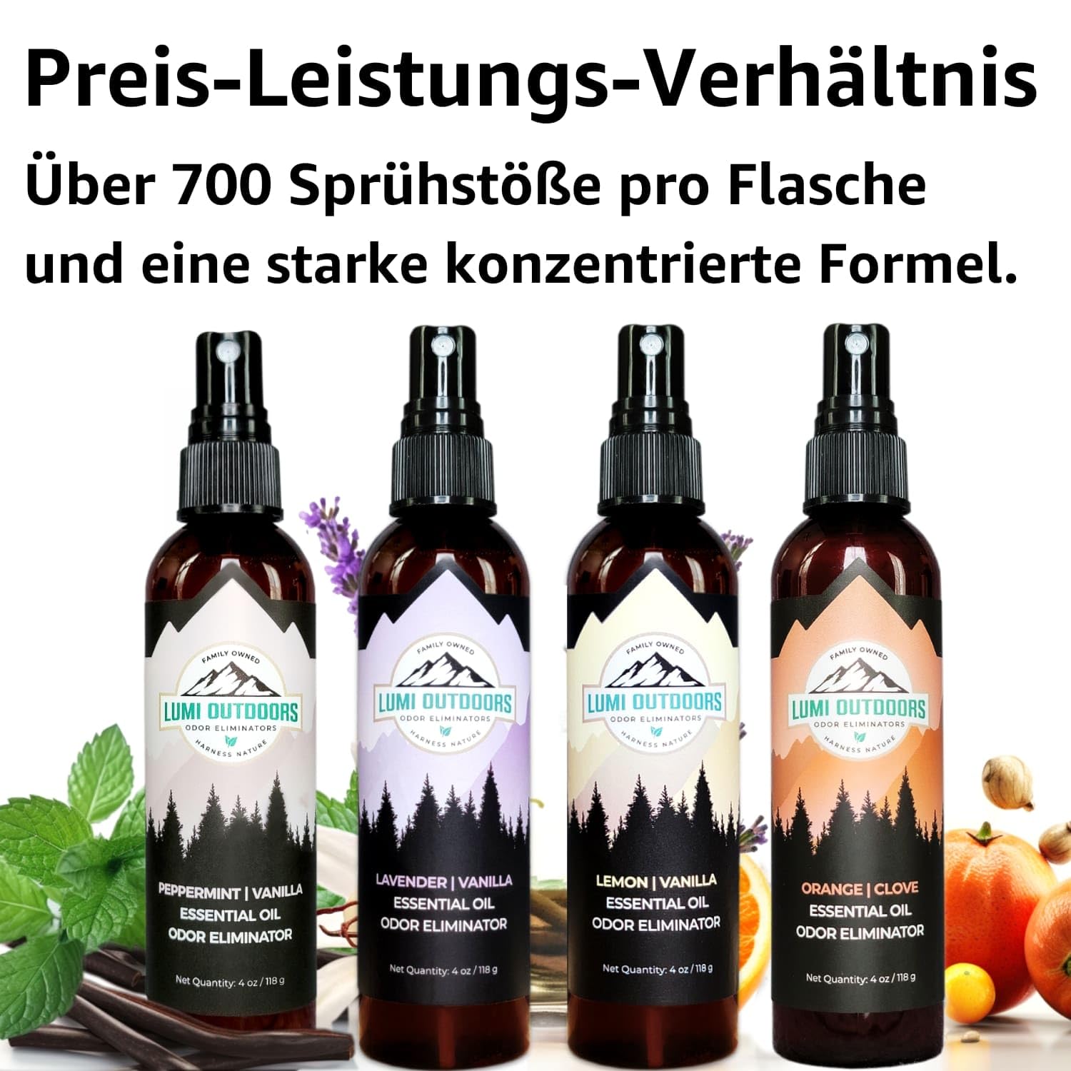 Lumi Outdoors Natürliches Raumerfrischungsspray - 4er Pack - Raumerfrischungssprays: Pfefferminz Vanille, Lavendel Vanille, Zitrone Vanille, Orange Nelke