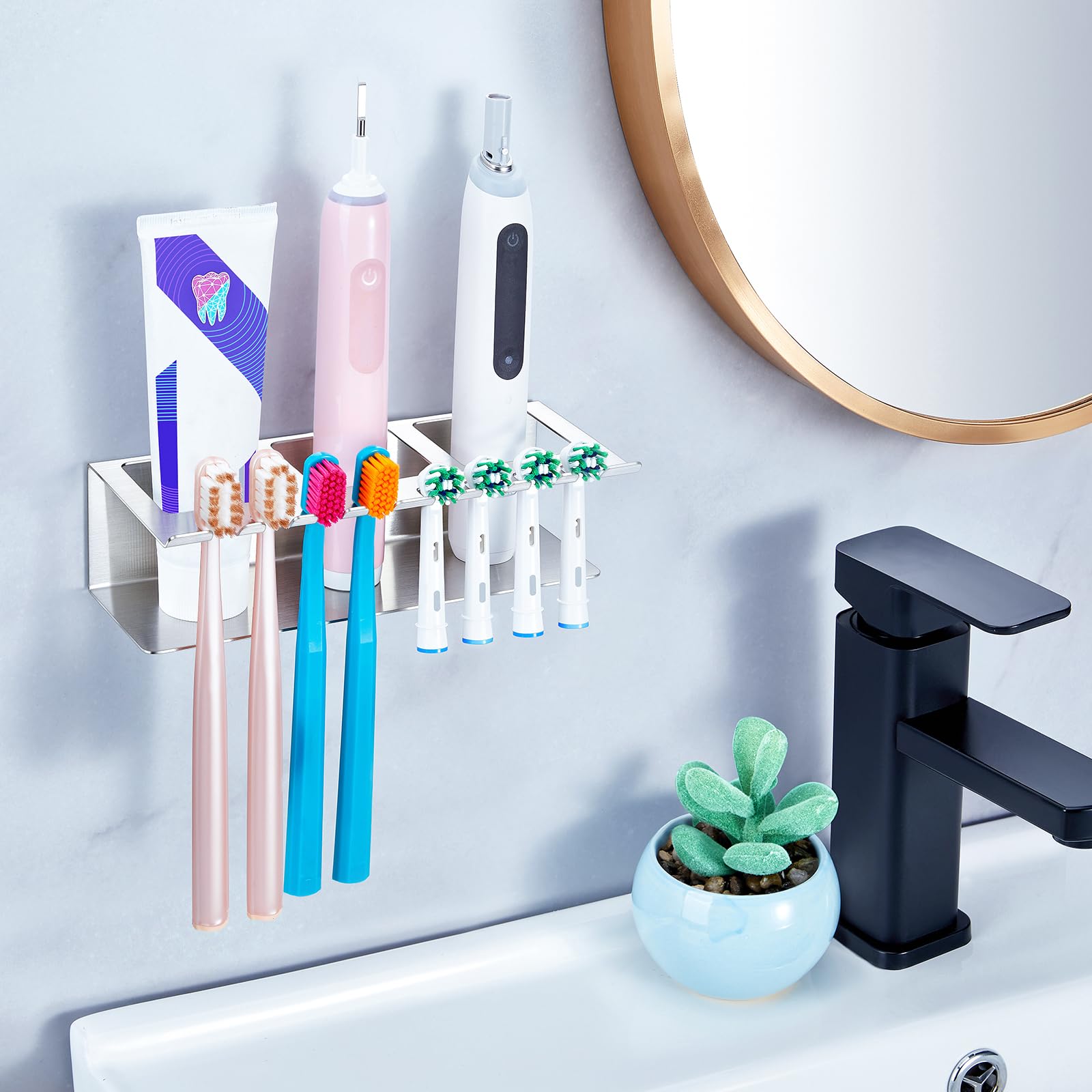 Soporte para cepillo de dientes de acero inoxidable, 3 compartimentos, montaje en pared, soporte para cabezal de cepillo de dientes eléctrico, color plateado