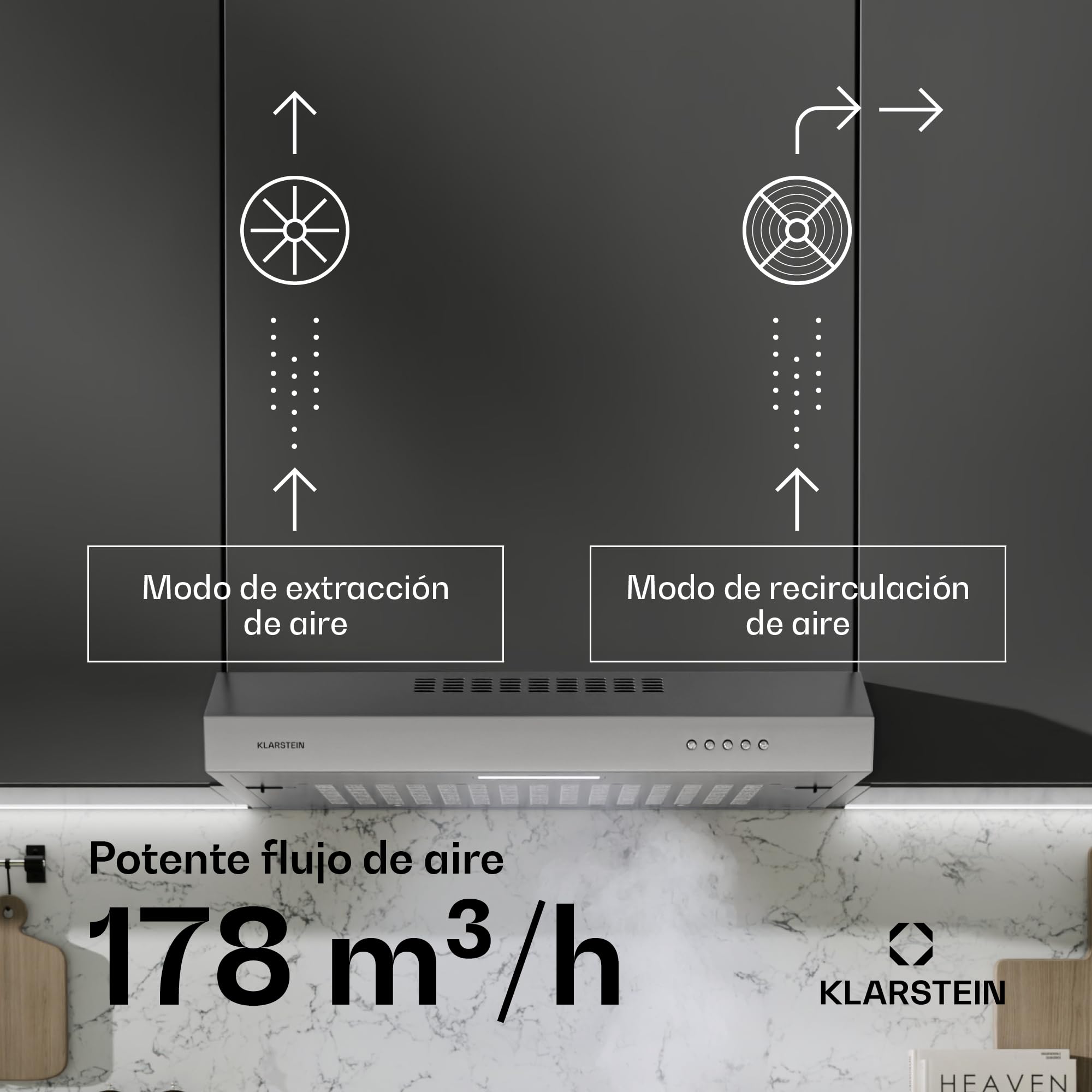 Klarstein SlimVent Campana Extractora - 60cm, 178 m³/h, A+, Silenciosa 52 dB, LED, Filtro de Carbón, Extractor Cocina Compacto, Plata
