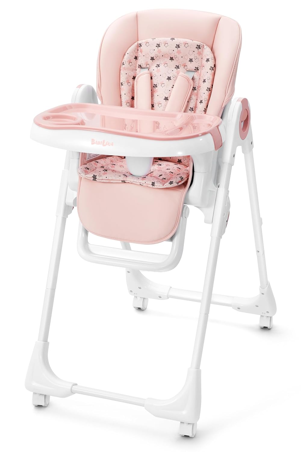 Convertible High Chairs for Babies and Toddlers, Foldable High Chair with Adjustable Backrest, Footrest and Tray, Baby Dinning High Chair with Lockable Wheels, Star Pink