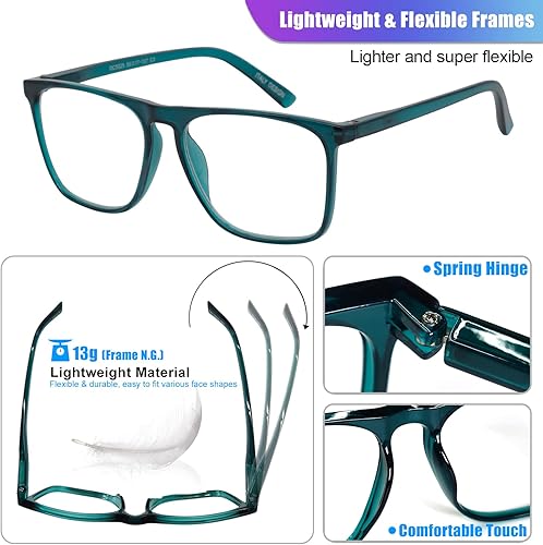 Miniatura 5 de Gafas de lectura de gran tamaño para hombres 1.00 Square Reader Light Lectores de moda 100 125 150 175 200 225 250 275 300 350 turquesa 1.0